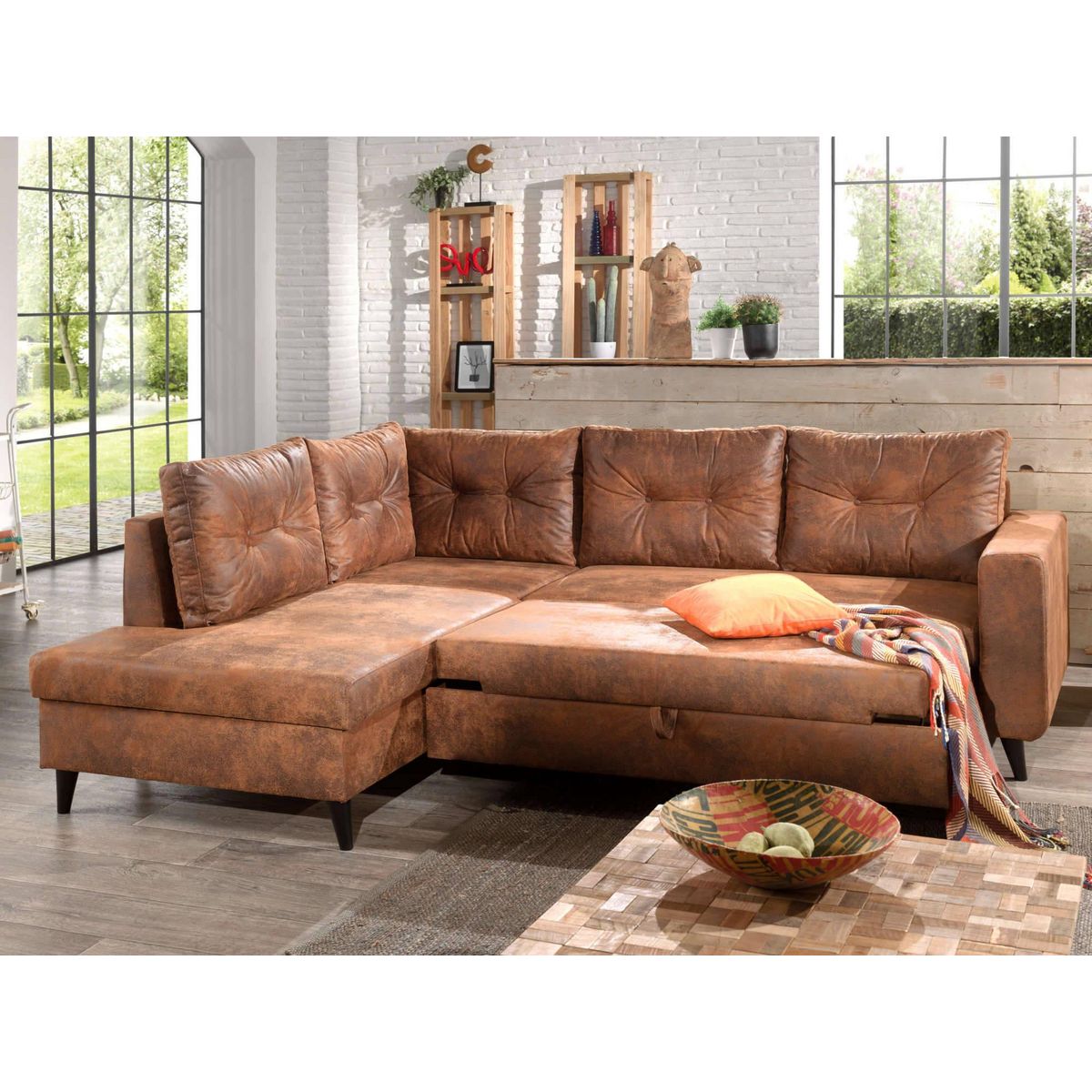 BEST MOBILIER Nordic - canapé d'angle l - 5 places - convertible - industriel vintage - gauche