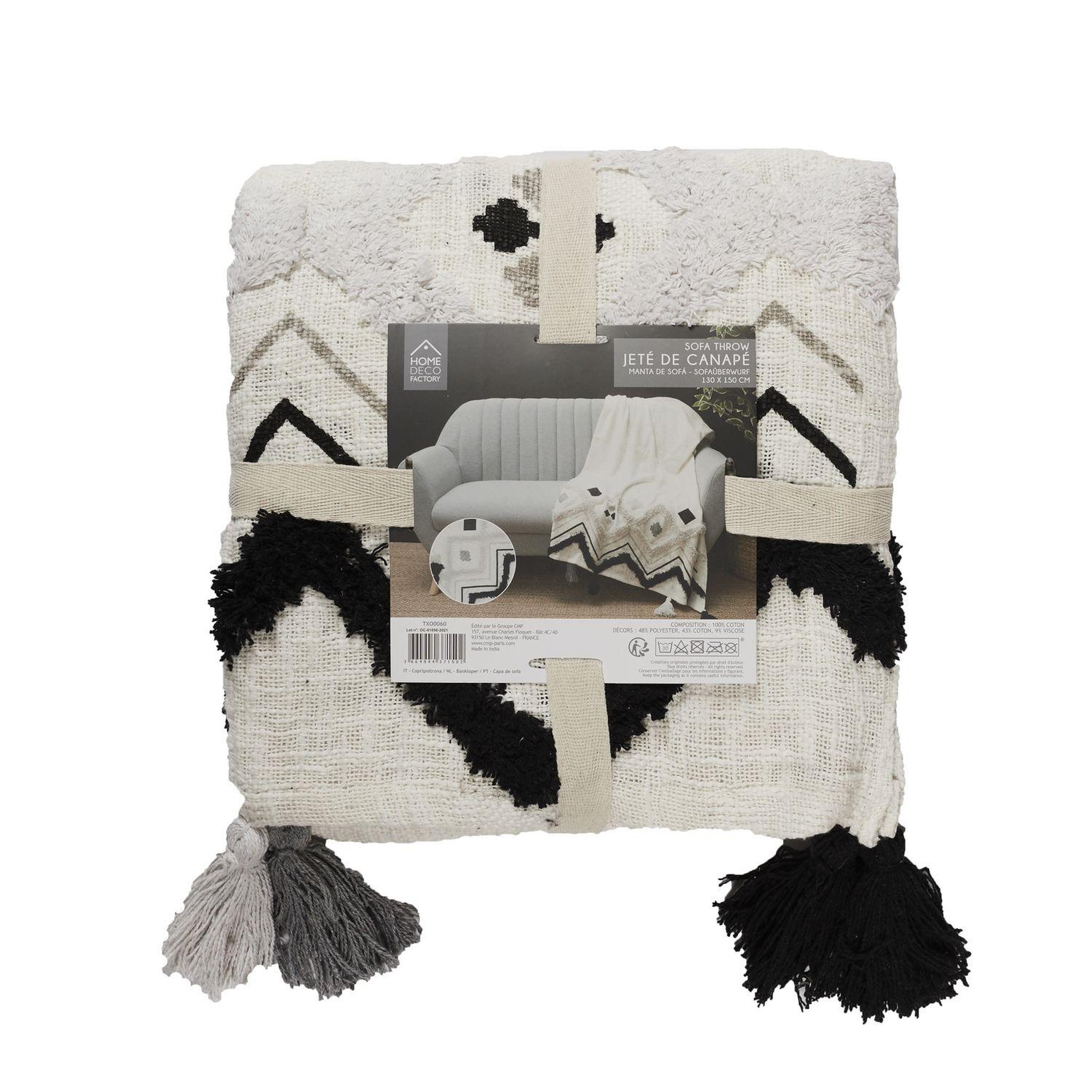 Voir la diapositive 3 : TOILINUX Jeté de canapé ethnique avec pompons - 130 x 170 cm - blanc et noir