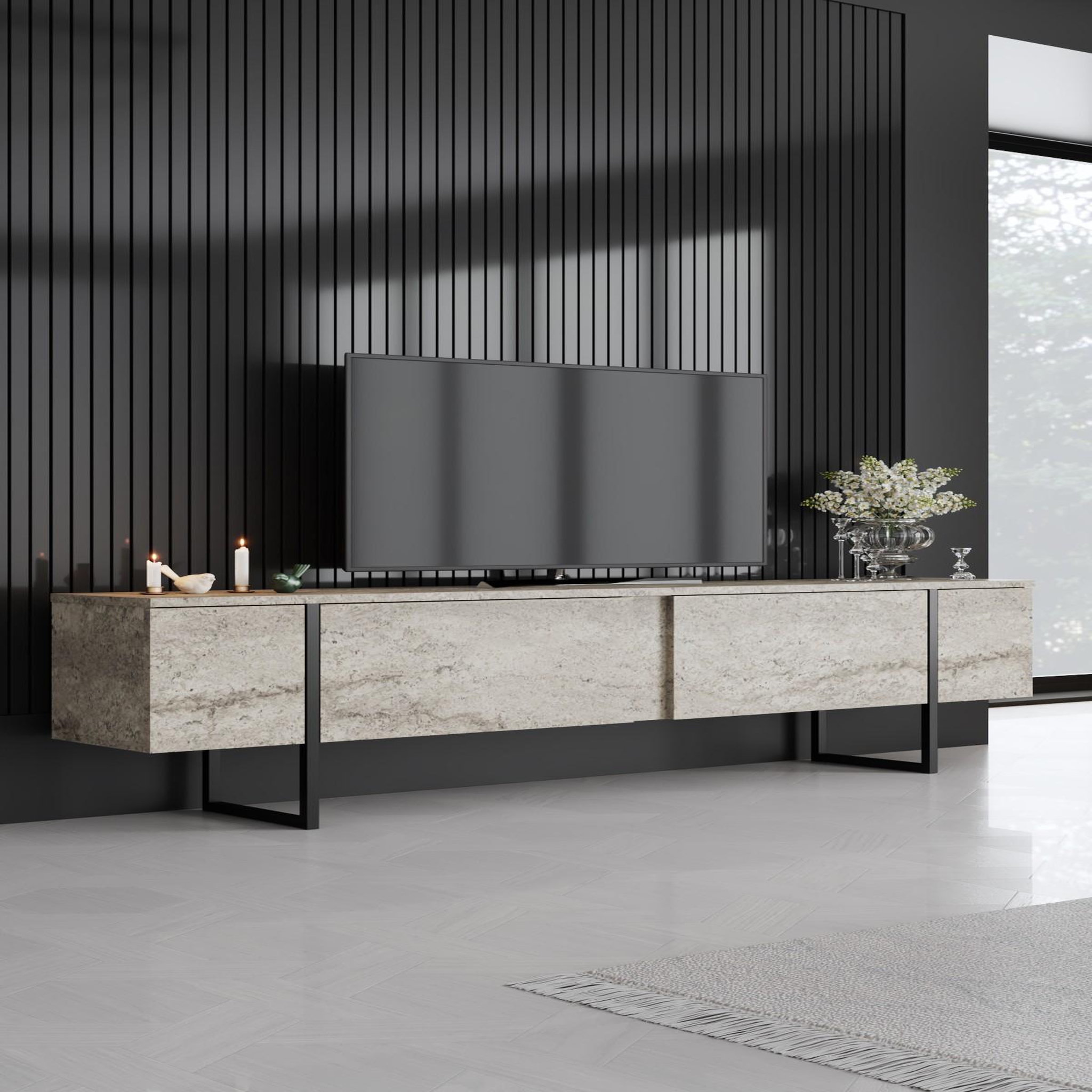 Voir la diapositive 2 : Habitat et Jardin Meuble tv en bois  luxe  - 180 x 30 x 50 cm - travertinnoir