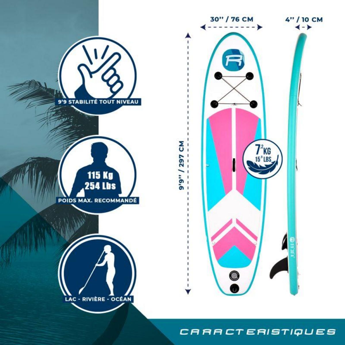 ROHE Stand Up Paddle Gonflable INDIANA PINK 9'9'' (297cm) 30'' (76cm) 4'' (10cm) avec Pompe, Pagaie, Leash et Sac de transport