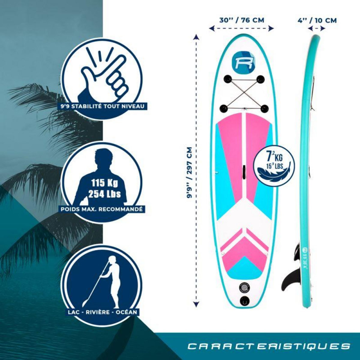 ROHE Stand Up Paddle Gonflable INDIANA PINK 9'9'' (297cm) 30'' (76cm) 4'' (10cm) avec Pompe, Pagaie, Leash et Sac de transport