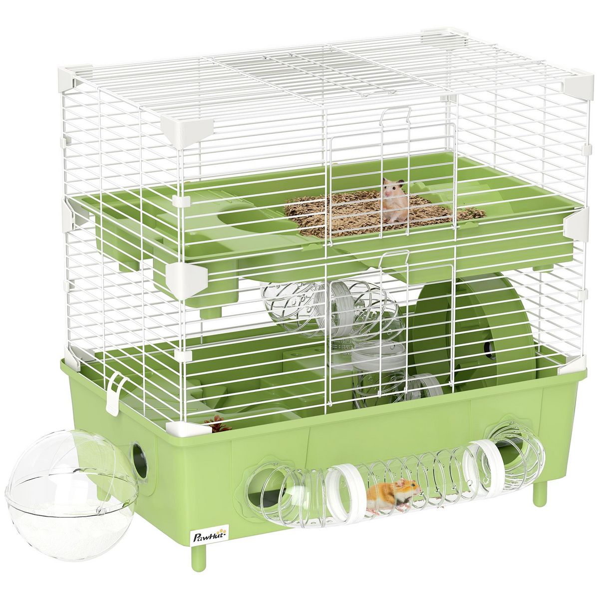 PAWHUT Cage pour hamster 2 niveaux roue sphère bac à sable tuyaux biberon eau dim. 44,5 x 28 x 44 cm blanc vert