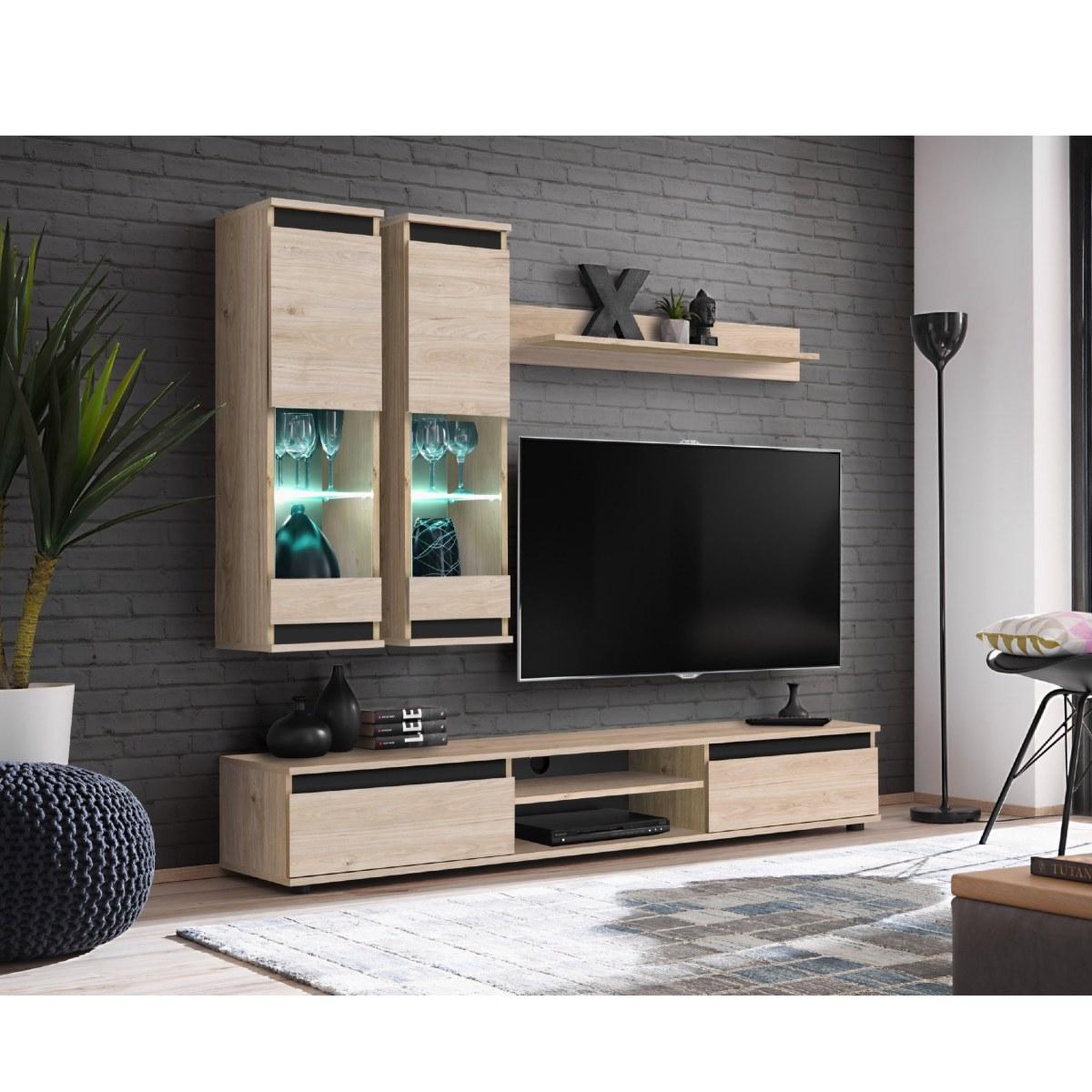 Voir la diapositive 2 : JLC KREATION Ensemble tv mural moderne bois et noir avec vitrines oudini