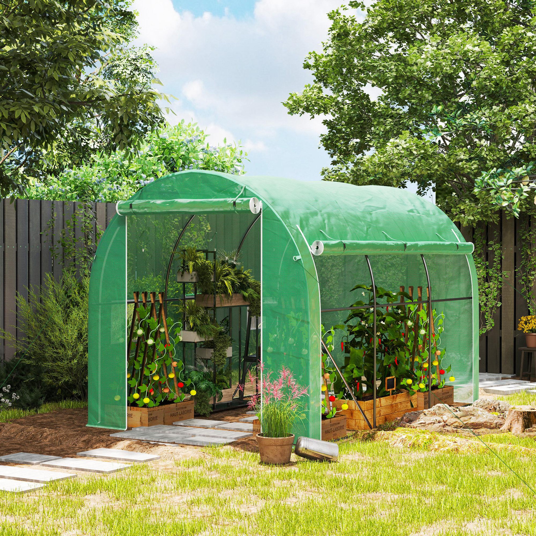 Voir la diapositive 4 : OUTSUNNY Serre de jardin tunnel 6 m² acier galvanisé renforcé dia. 1,9 cm bâche pe haute densité vert