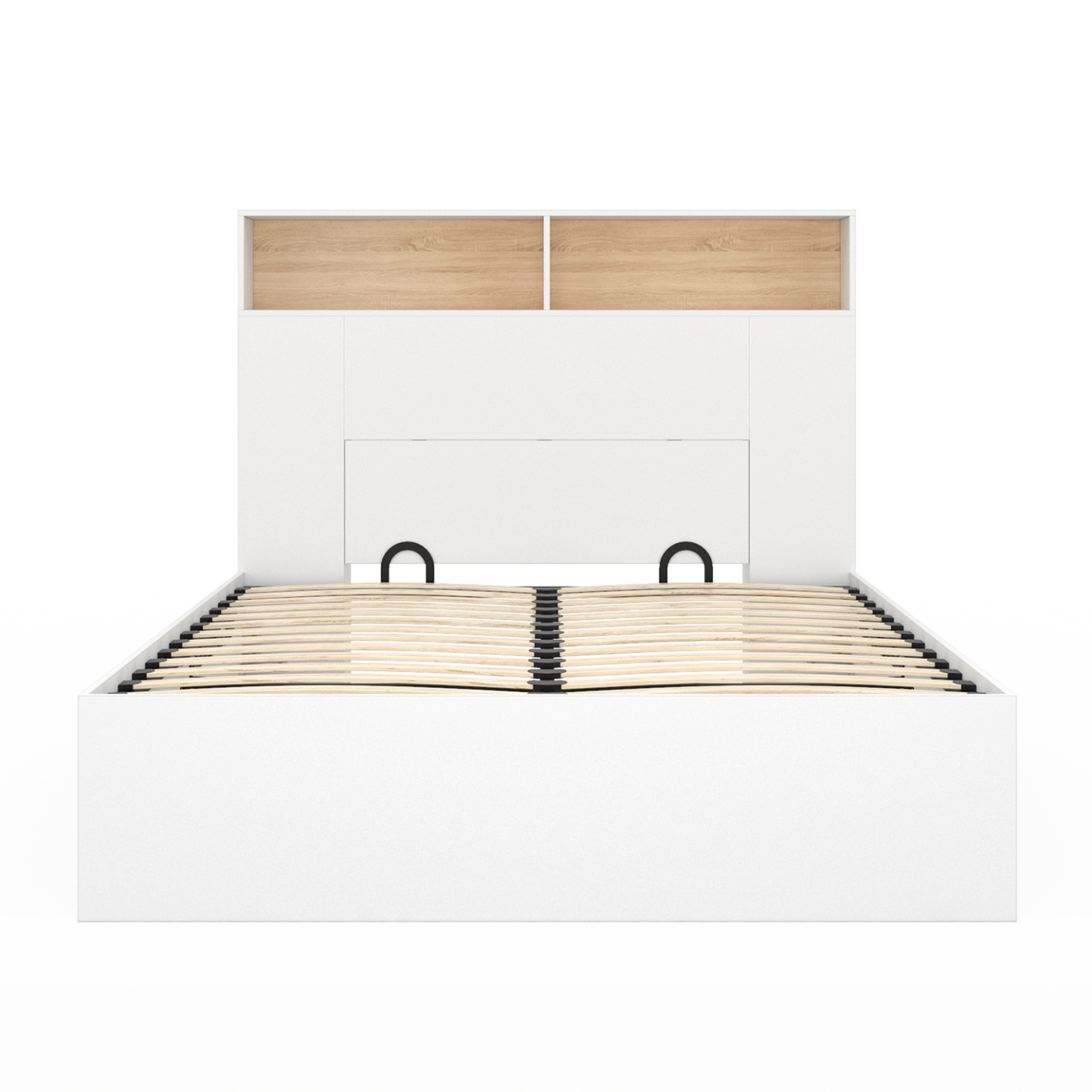 Voir la diapositive 3 : ID MARKET Lit coffre double clyde avec tête de lit + rangements et sommier 140 x 190 cm blanc et façon hêtre
