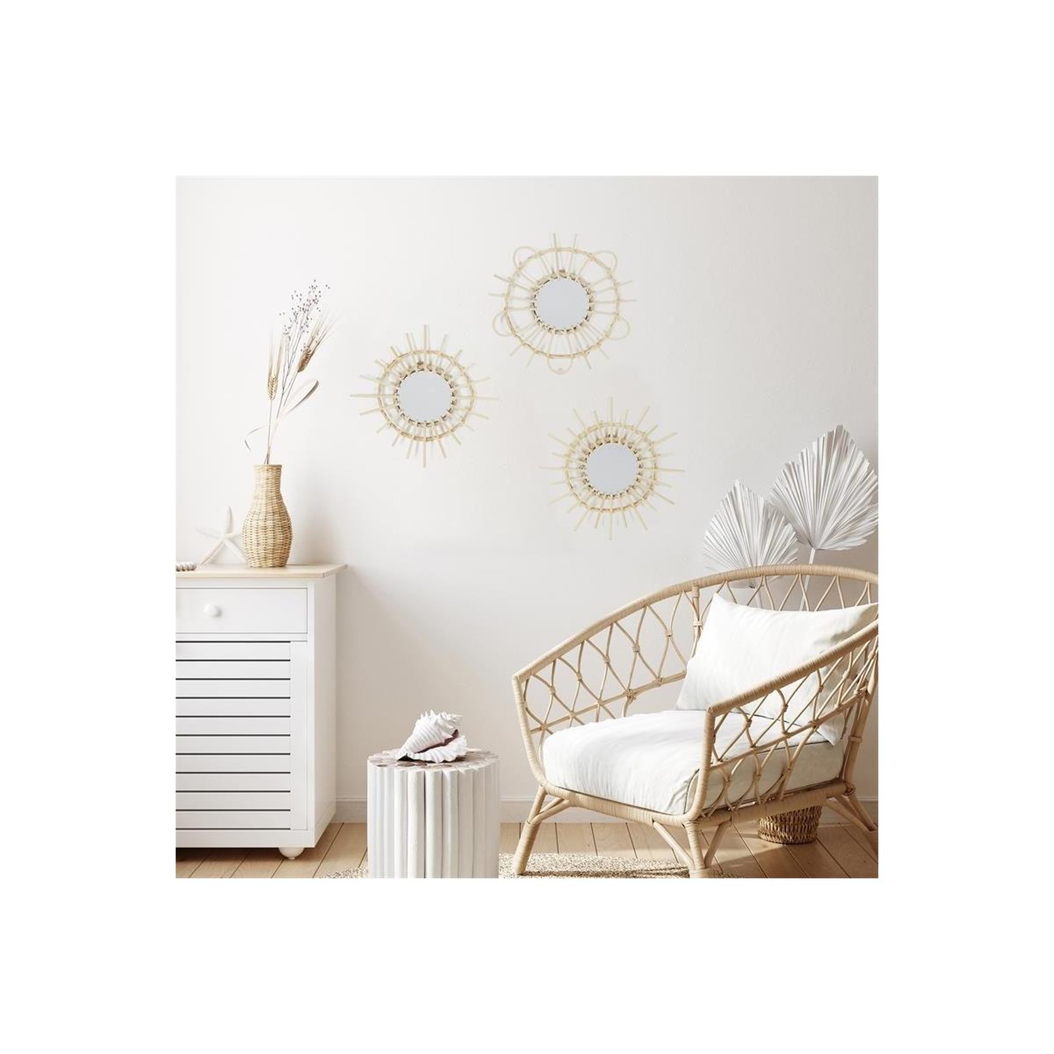 Voir la diapositive 2 : The Home Deco Factory Lot de 3 Miroirs en Rotin  Fixation Mur  28cm Naturel