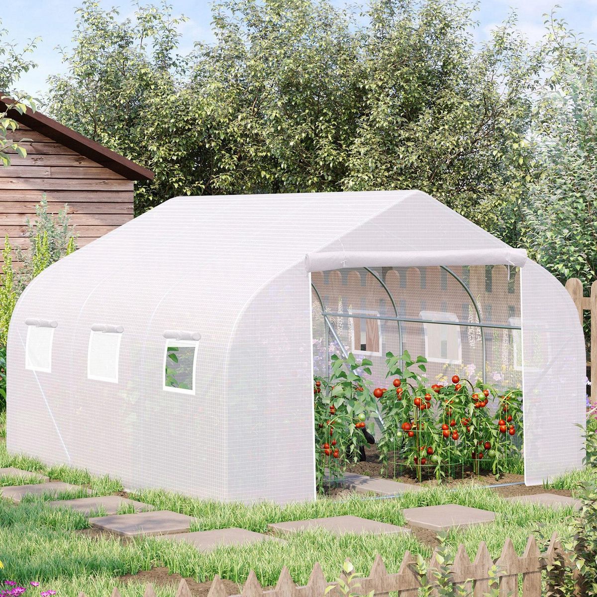 OUTSUNNY Serre tunnel de jardin 3,5 x 3 x 2 m grande taille 6 fenêtres blanc