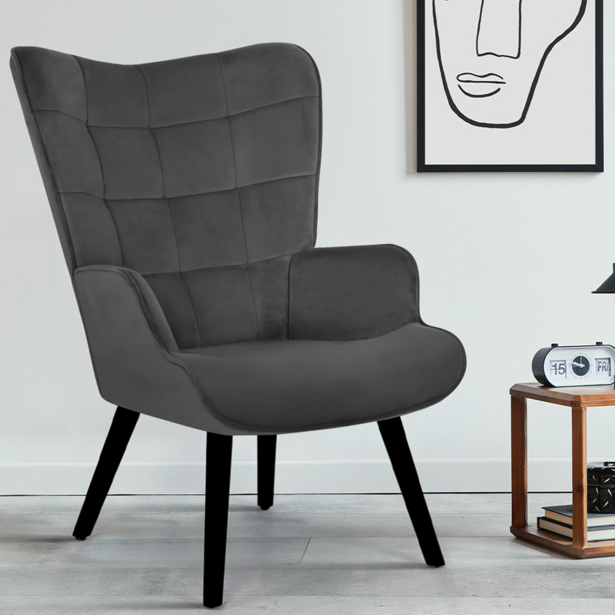 ID MARKET Fauteuil scandinave ANIA en velours gris