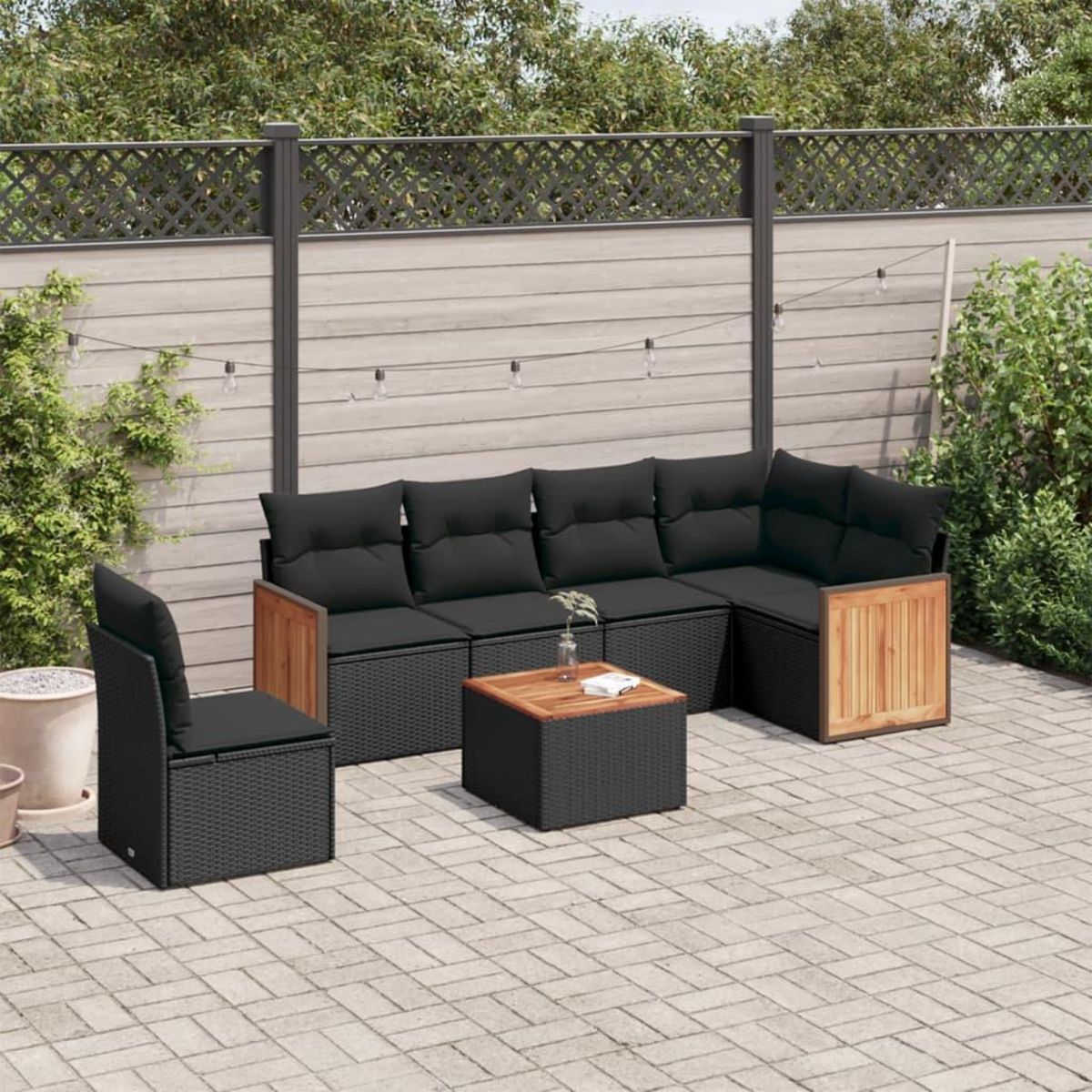 VIDAXL Salon de jardin 7 pcs avec coussins noir resine tressee