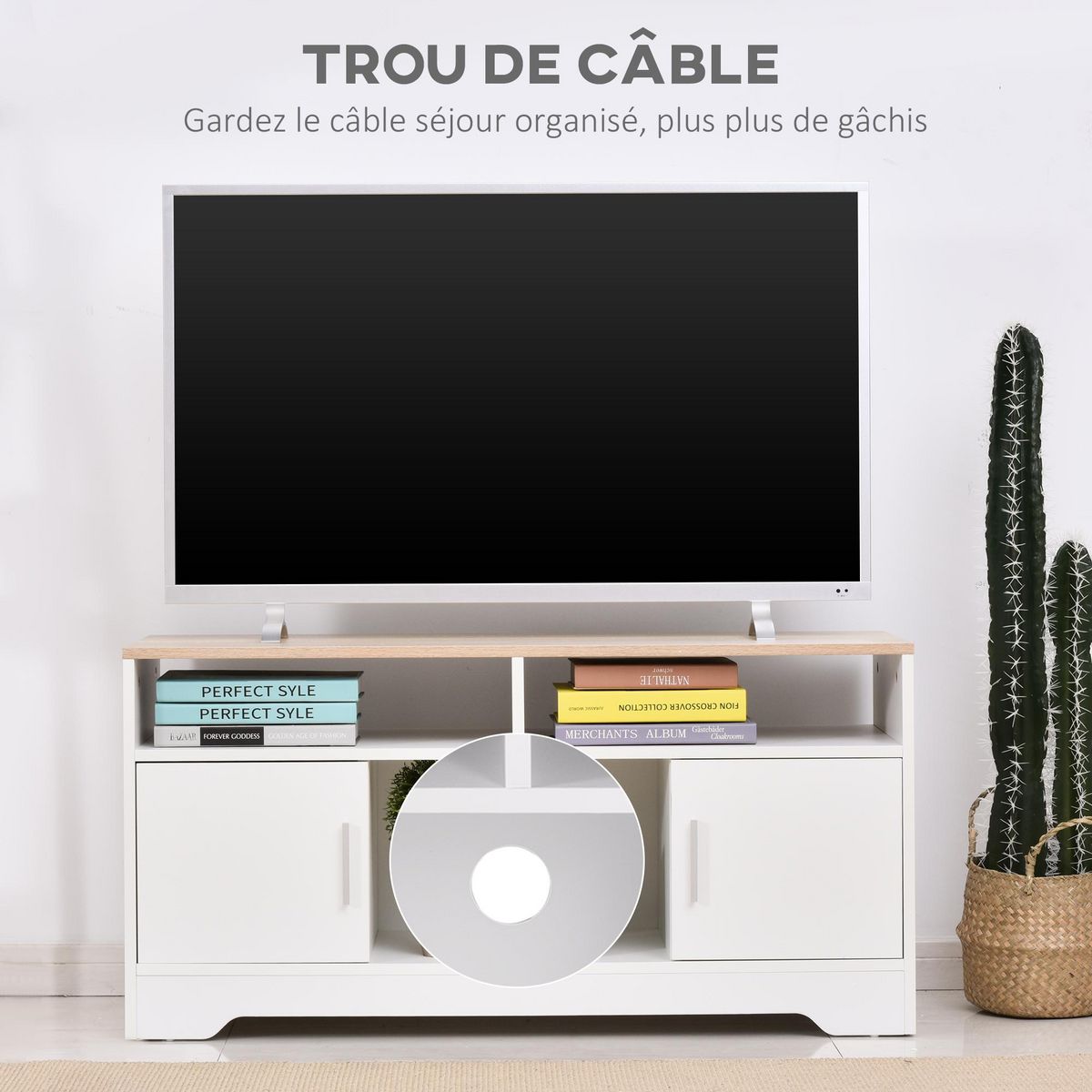 HOMCOM Meuble TV Banc TV en Bois Grand Espace de Rangement avec 2 Compartiments Ouverts 2 Armoires à Porte Une Armoire Ouverte 105 x 40 x 52 cm Blanc