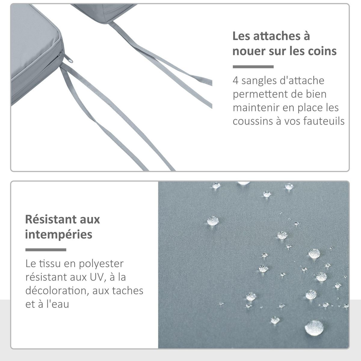 OUTSUNNY Lot de 2 coussins d'assise carrés chaises fauteuils tabourets - coussins déhoussables zippés avec cordons d'attache - dim. 45L x 45l cm ép. 5 cm - polyester gris