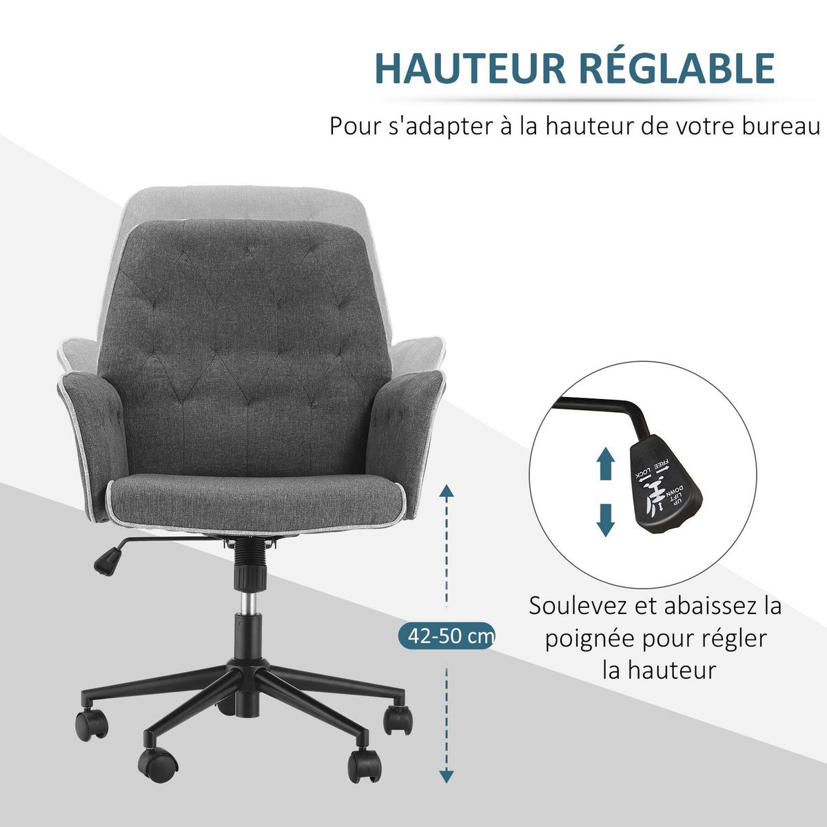 HOMCOM Fauteuil de bureau chaise de bureau hauteur réglable roulettes pivotant 360° tissu chanvre 69L x 66l x 89,5-97H cm gris chiné