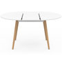 Voir la diapositive 3 : ID MARKET Ensemble table à manger extensible ronde ANGELA blanc pied bois 110 - 150 cm et 4 chaises SARA blanches