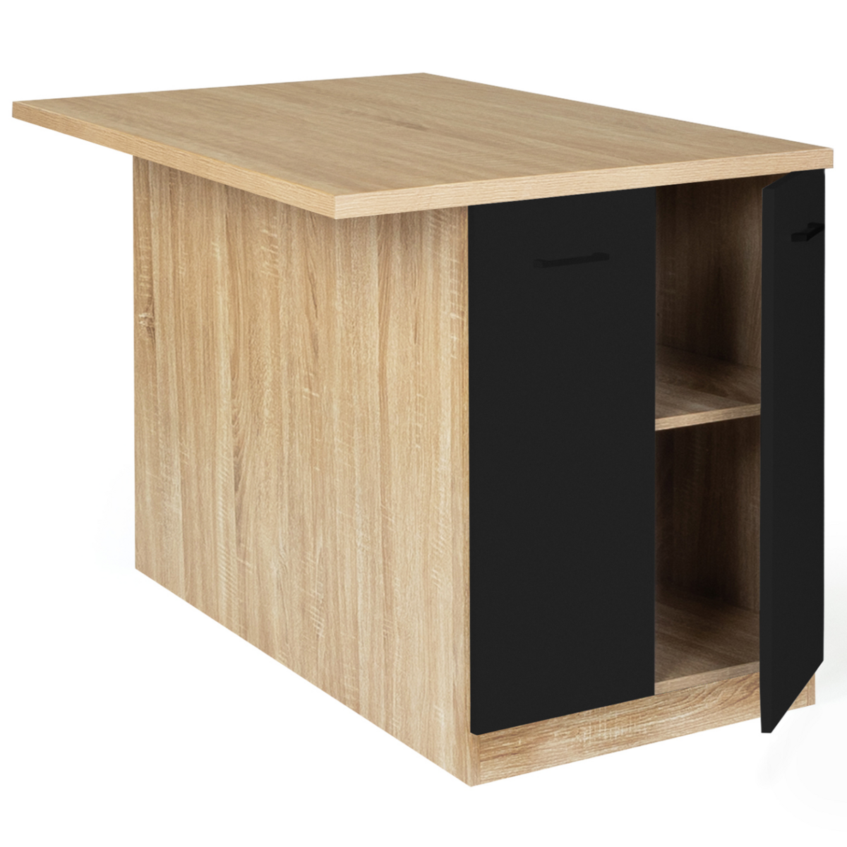 ID MARKET Ilot central IVO 120 cm bois façon hêtre portes noires avec plan de travail