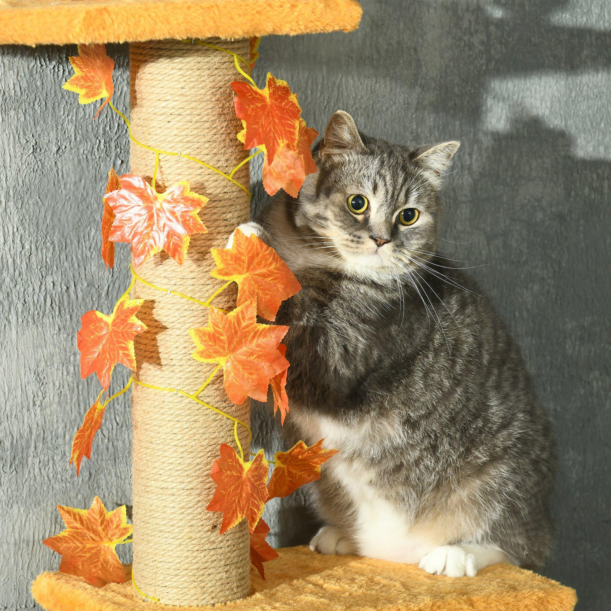Voir la diapositive 4 : PAWHUT Arbre à chat tour h. Réglable 202-242 cm - feuilles décoratives d'automne - jute naturelle peluche orange