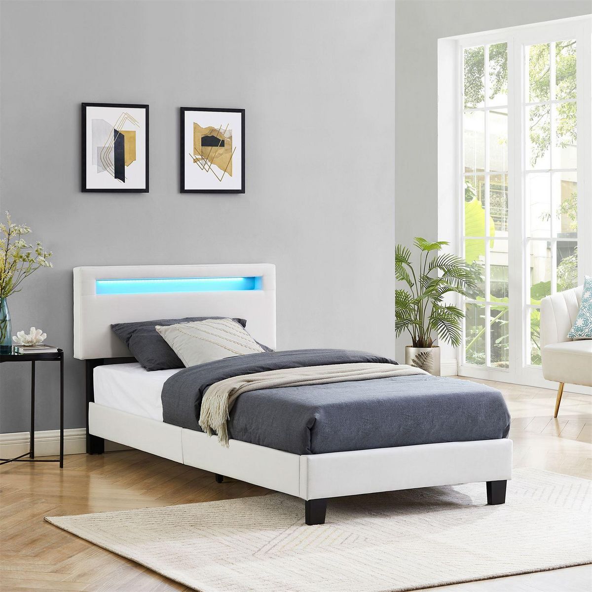 IDIMEX Lit LED simple AUSTIN 90x190 cm, avec sommier, revêtement en tissu