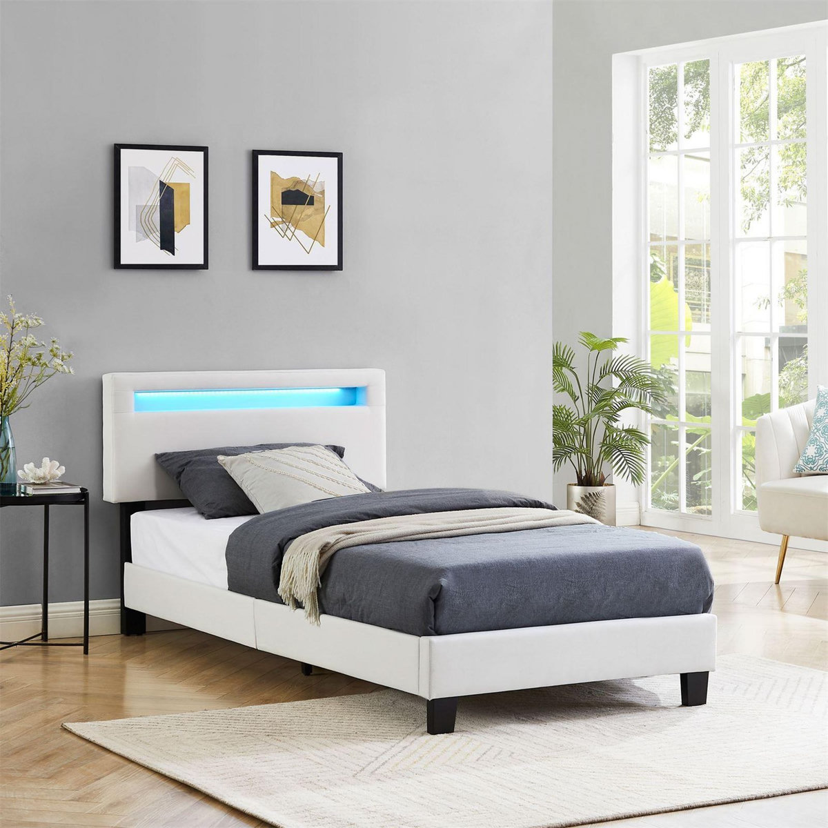 IDIMEX Lit LED simple AUSTIN 90x190 cm, avec sommier, revêtement en tissu