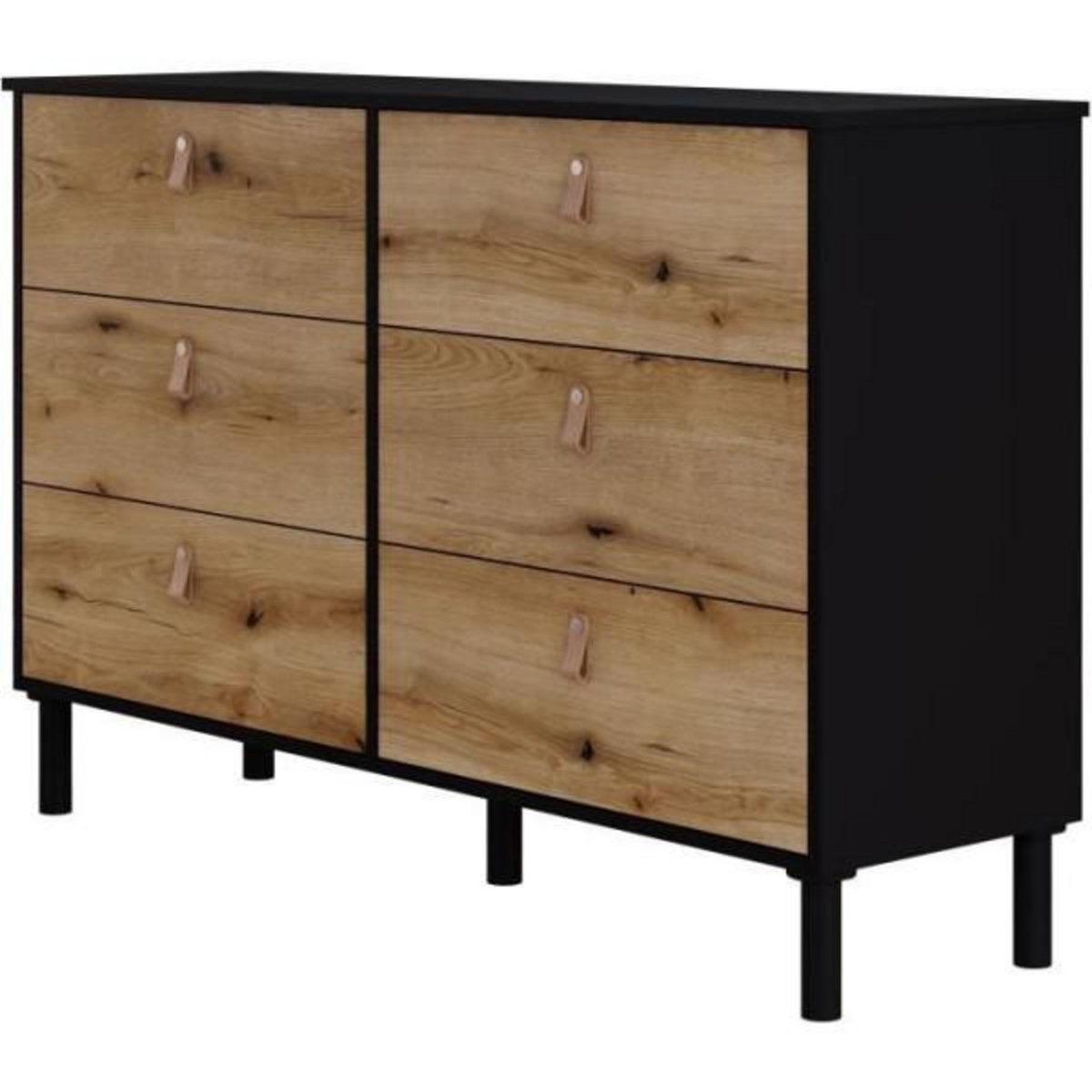 MARKET24 Commode SAMANTHE 6 tiroirs - Décor noir et chene - L 140 x P 40 x H 90 cm