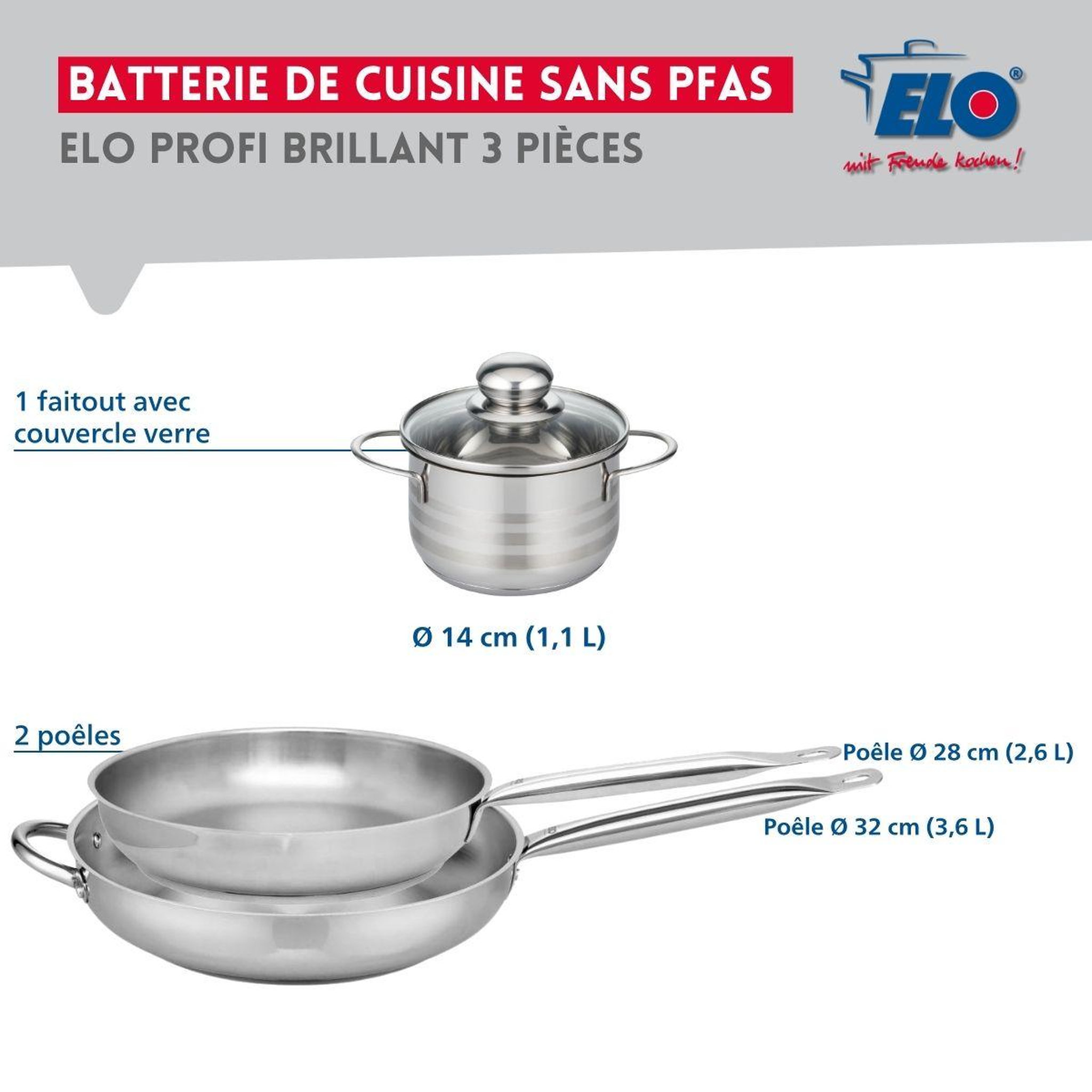 Voir la diapositive 2 : ELO Ensemble de 2 poêles de cuisson 28 et 32 cm et 1 faitout 14 cm elo profi brillant