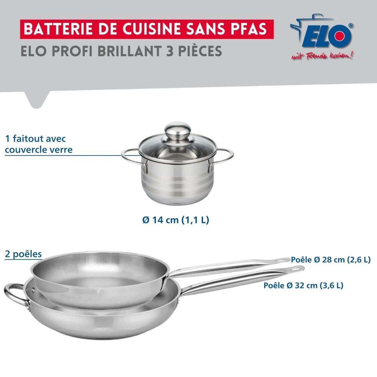 ELO Ensemble de 2 Poêles de cuisson 28 et 32 cm et 1 faitout 14 cm Elo Profi Brillant