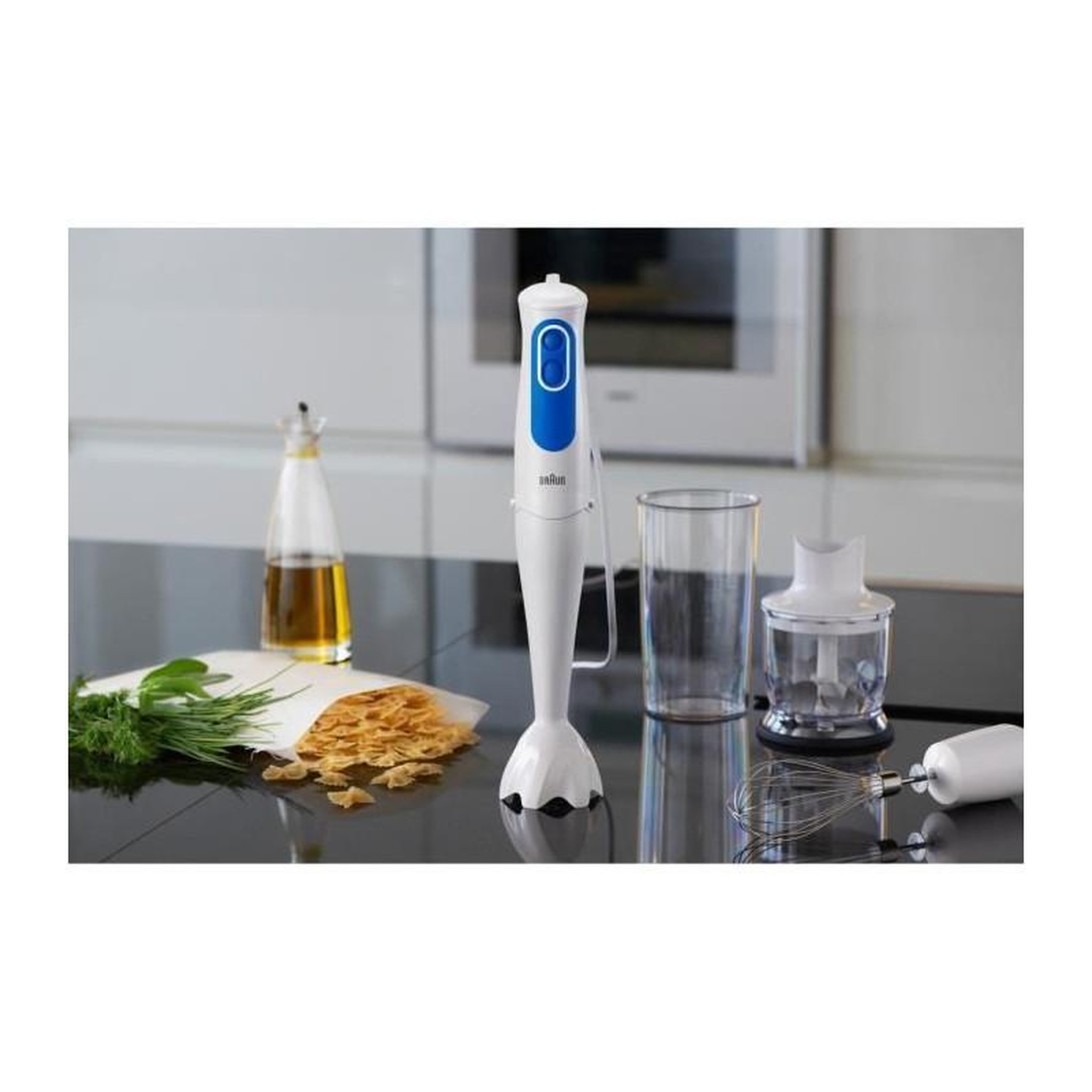 Voir la diapositive 5 : BRAUN BRAUN Mixeur plongeant avec hachoir Omelette - MQ3025WH - Blanc et Bleu
