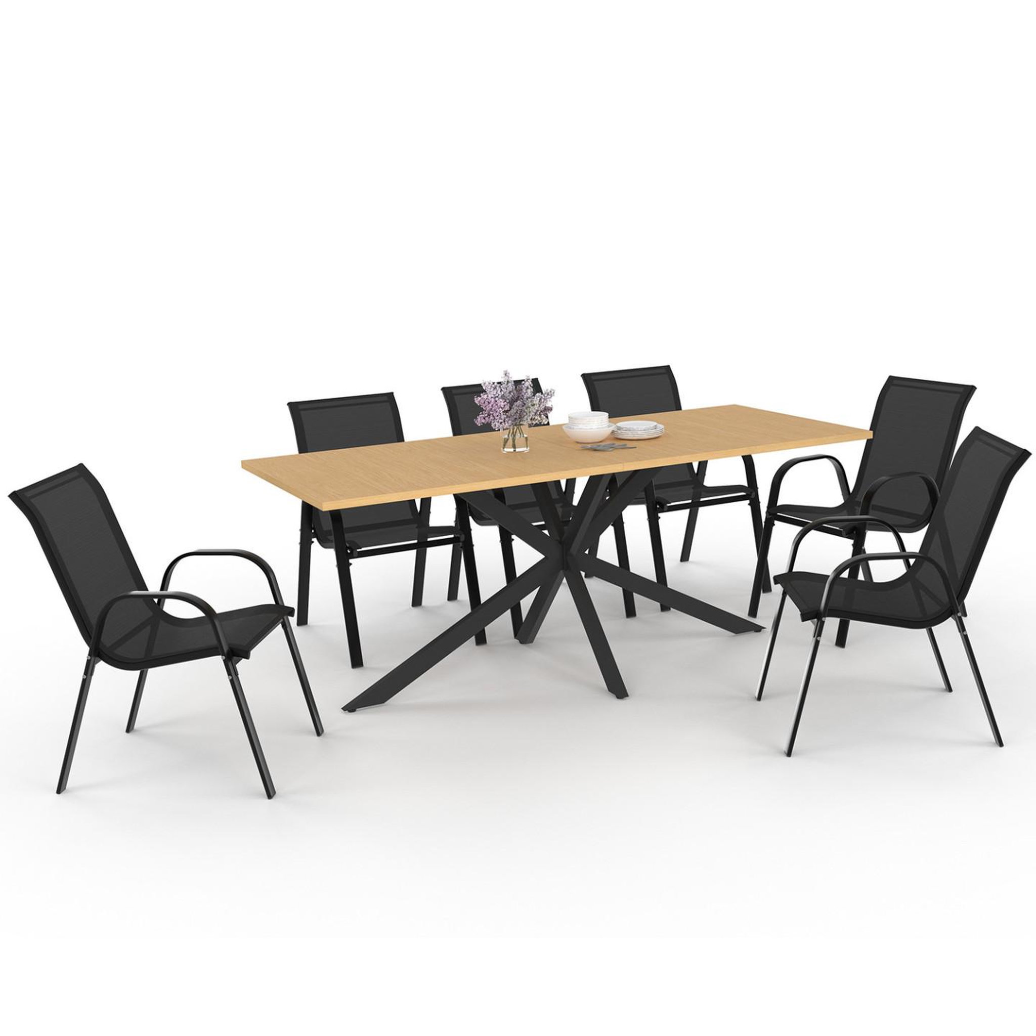 ID MARKET Salon de jardin messina table 190 cm pied araignée plateau métal effet bois et 8 chaises empilables noires