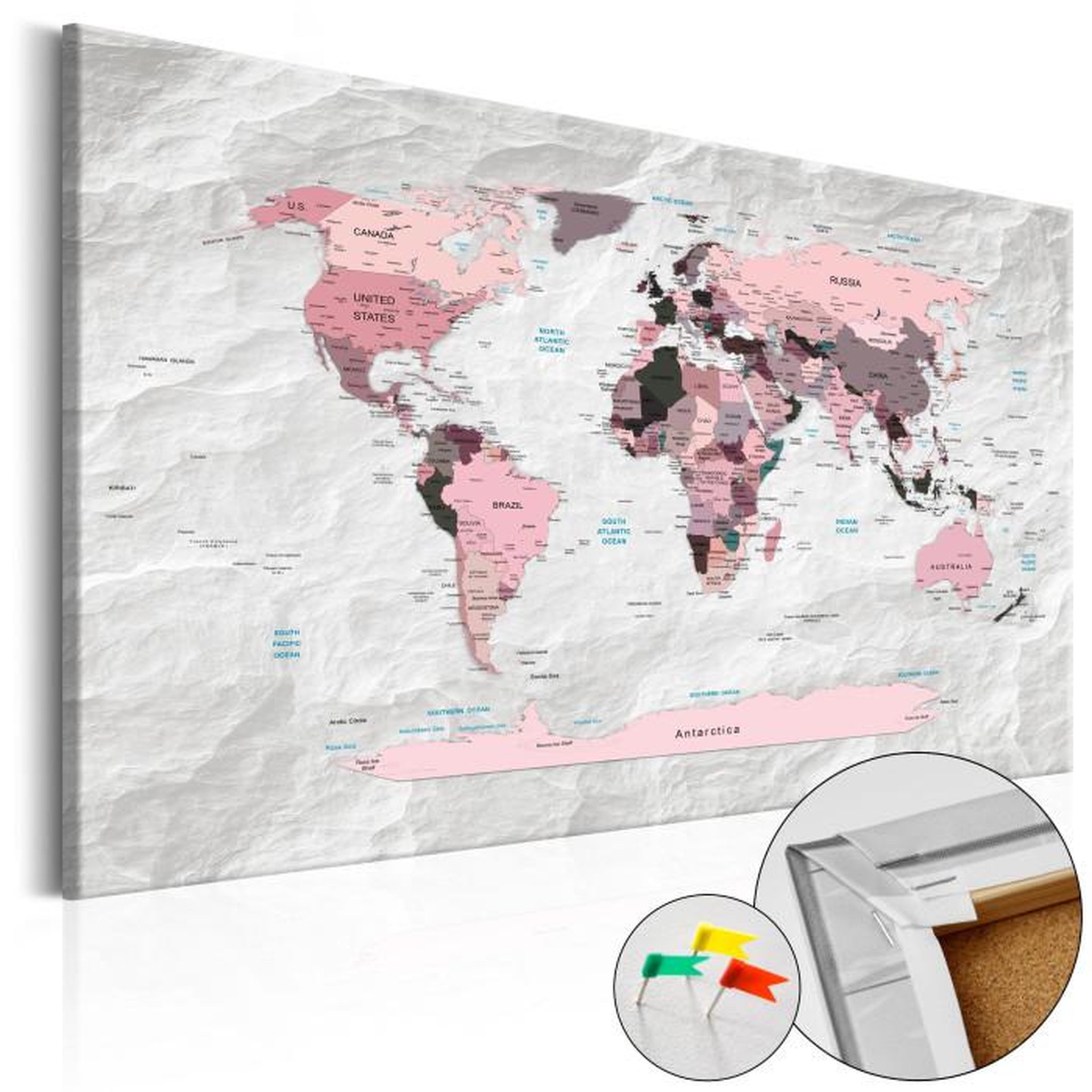 Paris Prix Tableau en Liège  Carte du Monde - Pink Continents. Coloris disponibles : Multicolore