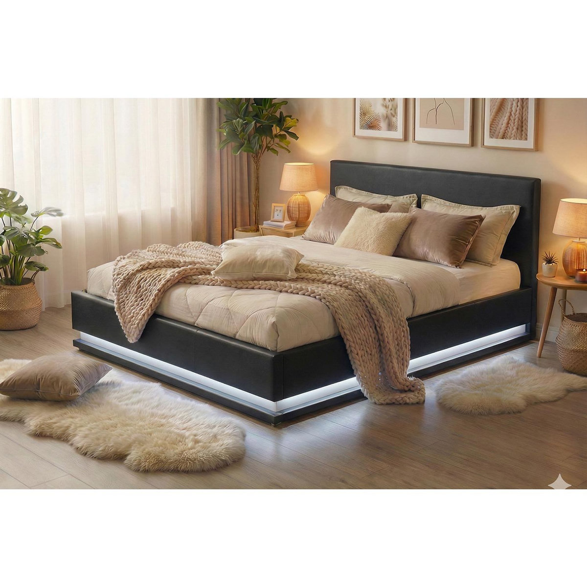 CONCEPT USINE Structure de lit LED avec rangements 160 x 200 cm noir NEWYORK