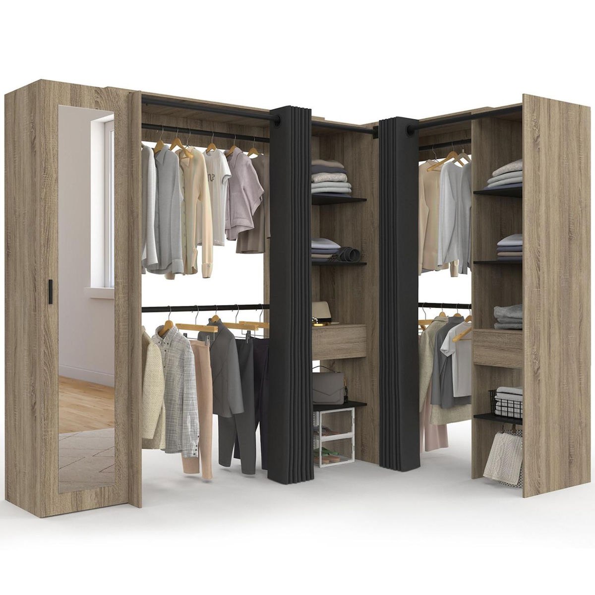 ID MARKET Dressing extensible d'angle MARLON 230 x 140 x 180 cm cm hêtre avec penderies + étagères + miroir + rideaux noirs