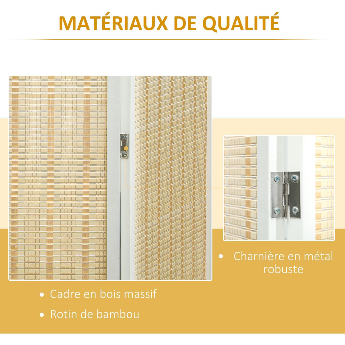 HOMCOM Paravent intérieur séparateur de pièce pliable 4 panneaux dim. 180L x 180H cm bois pin bambou coton