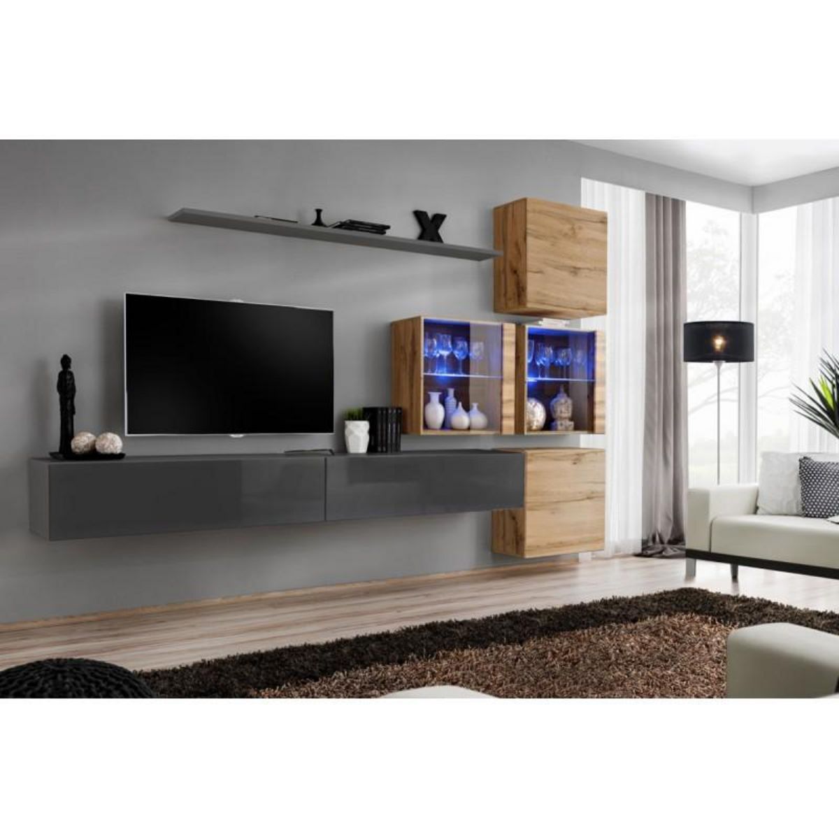 Paris Prix Meuble TV Mural Design  Switch XIX  310cm Gris & Naturel