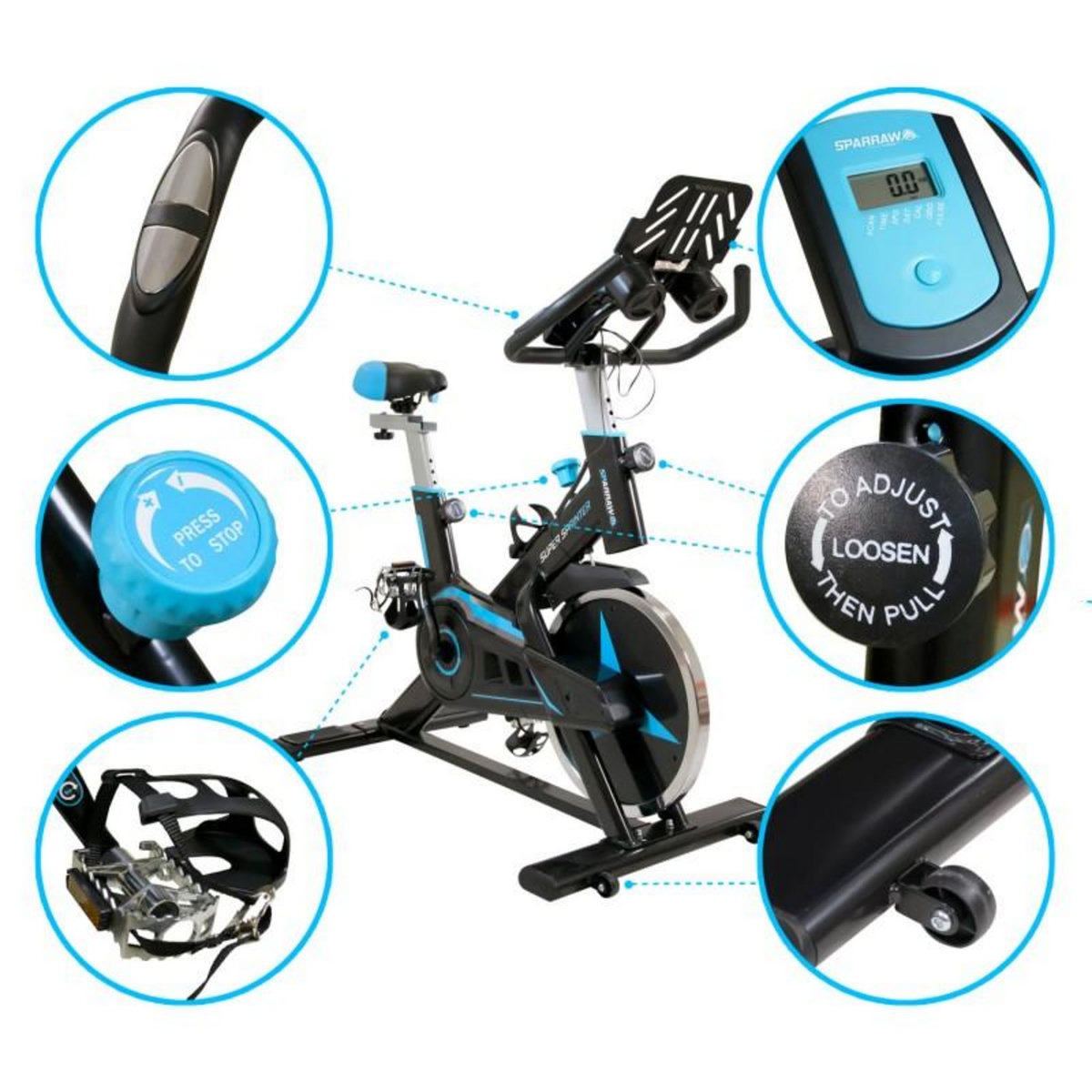 SPARRAW Vélo Spinning SUPER SPRINTER - Exercice bike avec roue d'inertie 18Kg - Cardio et Fitness training