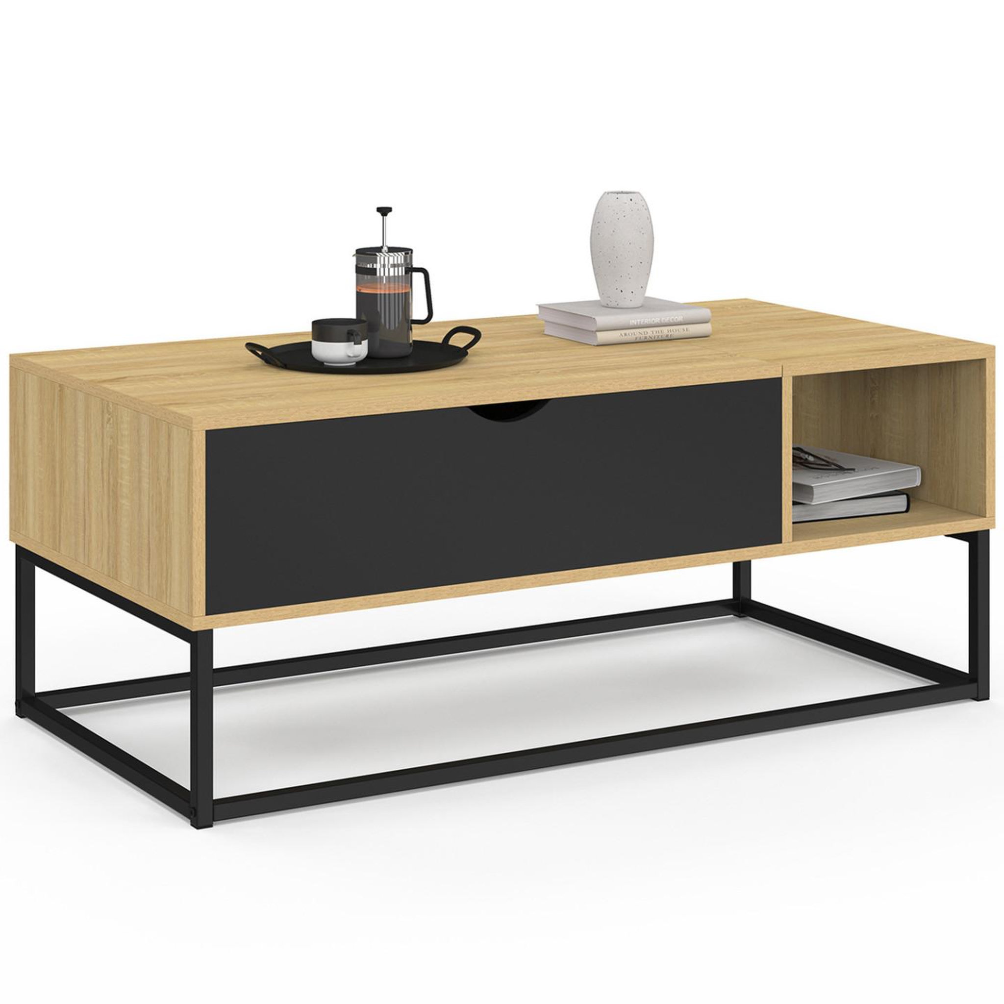 Voir la diapositive 4 : ID MARKET Table basse plateau relevable boston avec rangements design industriel