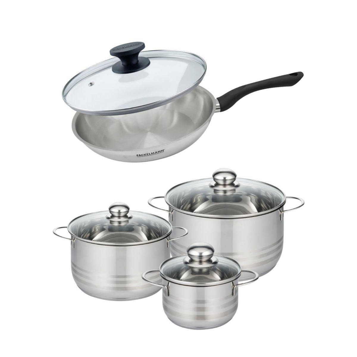Fackelmann Set de 1 poêle 28 cm en inox et couvercle, 3 faitouts inox 16, 20 et 24 cm Fackelmann Geneva