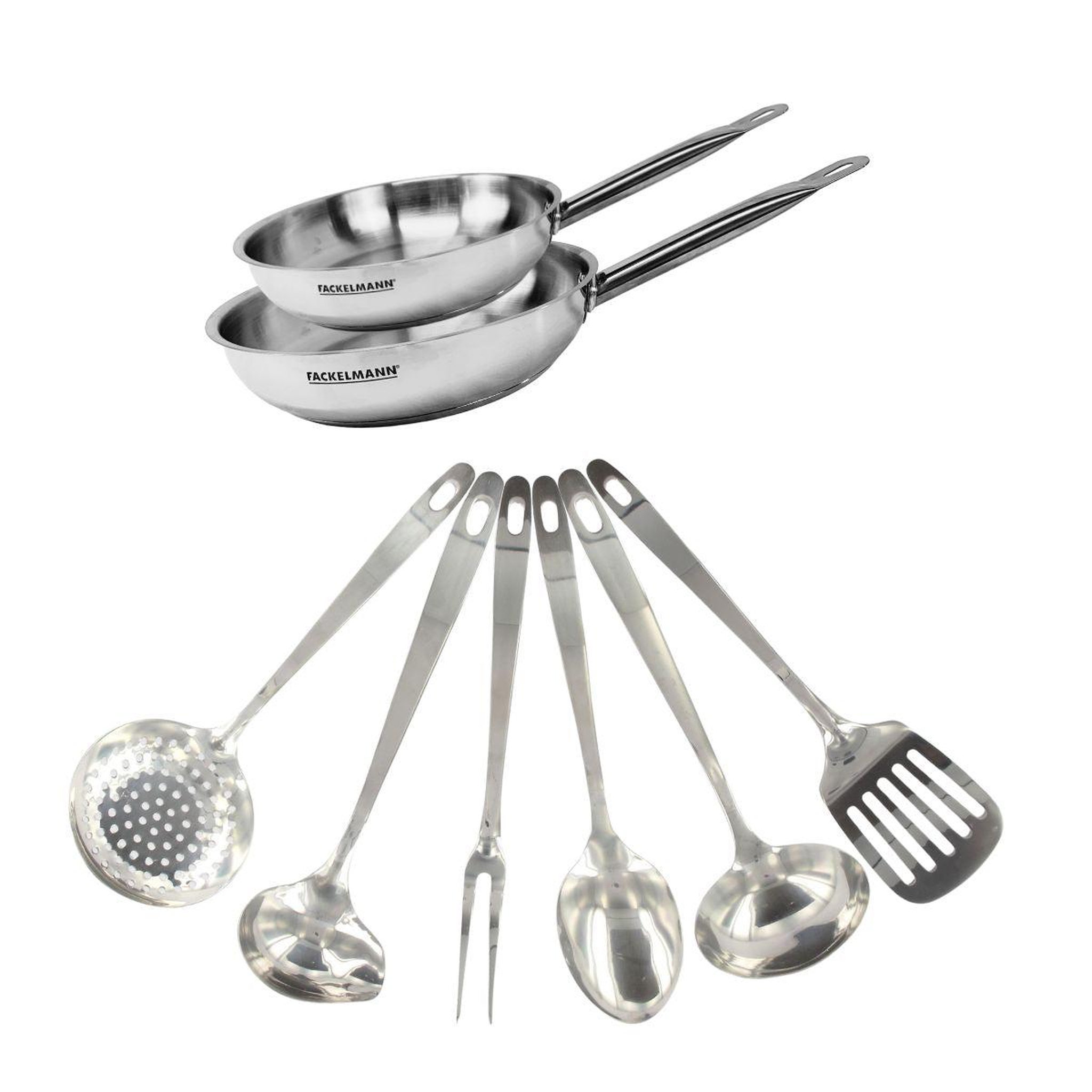 Fackelmann Set de 2 poêles de 20 et 24 cm en inox et 6 ustensiles inox fackelmann eterna