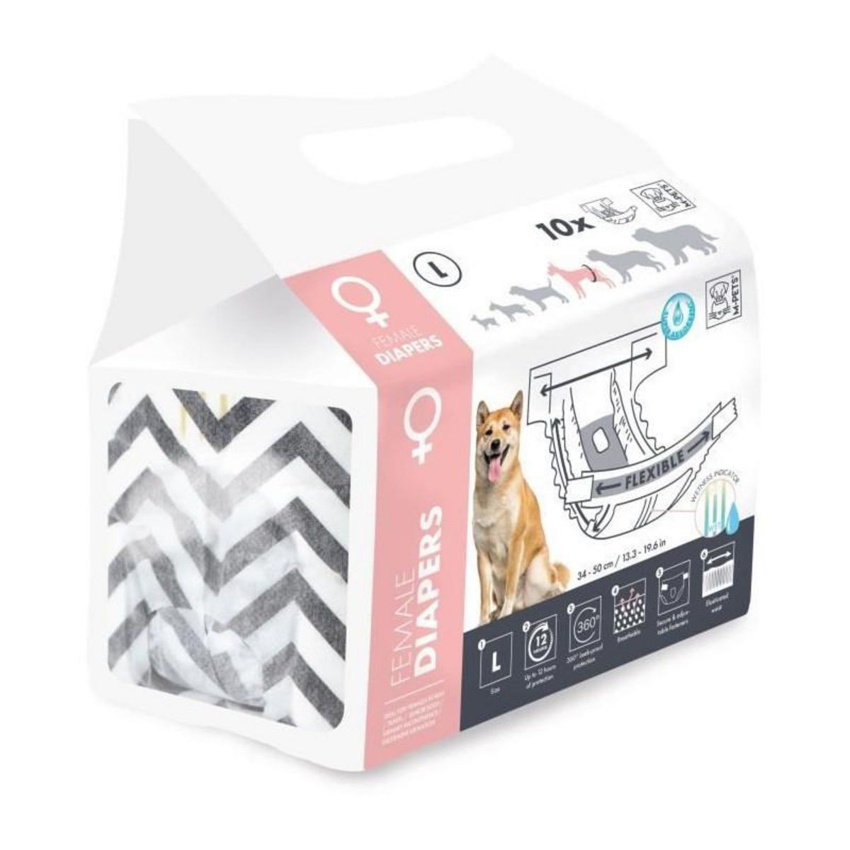 M PETS Couches pour chien - M PETS - DIAPERS Femelle L x10 - Tour de taille 32-52 cm - 8-15 kg - Indicateur d'humidité - 12h protectio