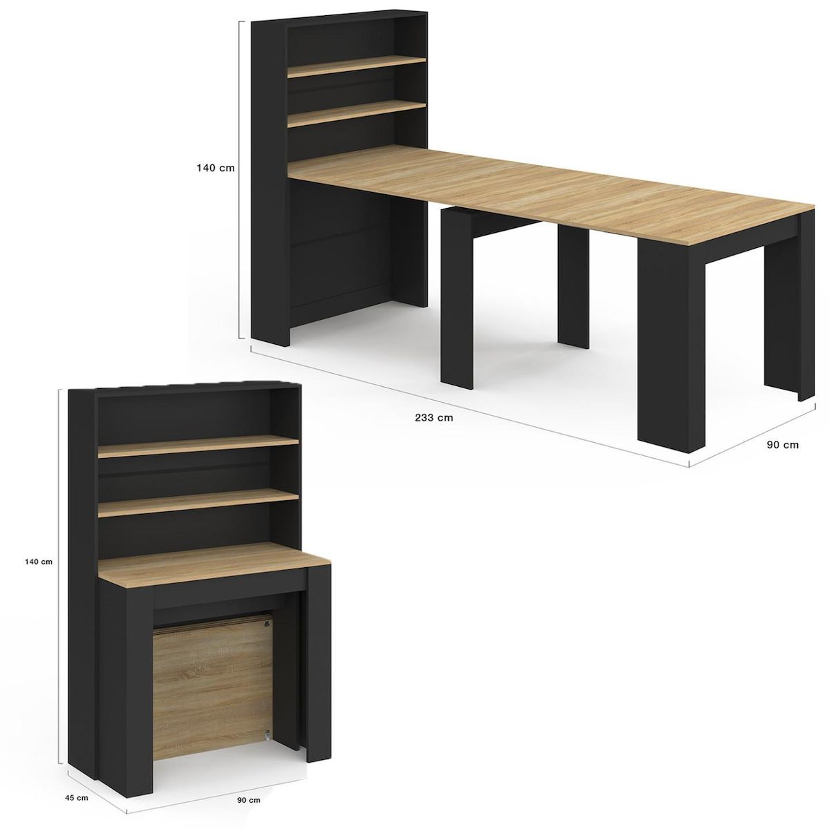 ID MARKET Table buffet haut extensible ORLANDO 8 personnes bois et noir 235 cm