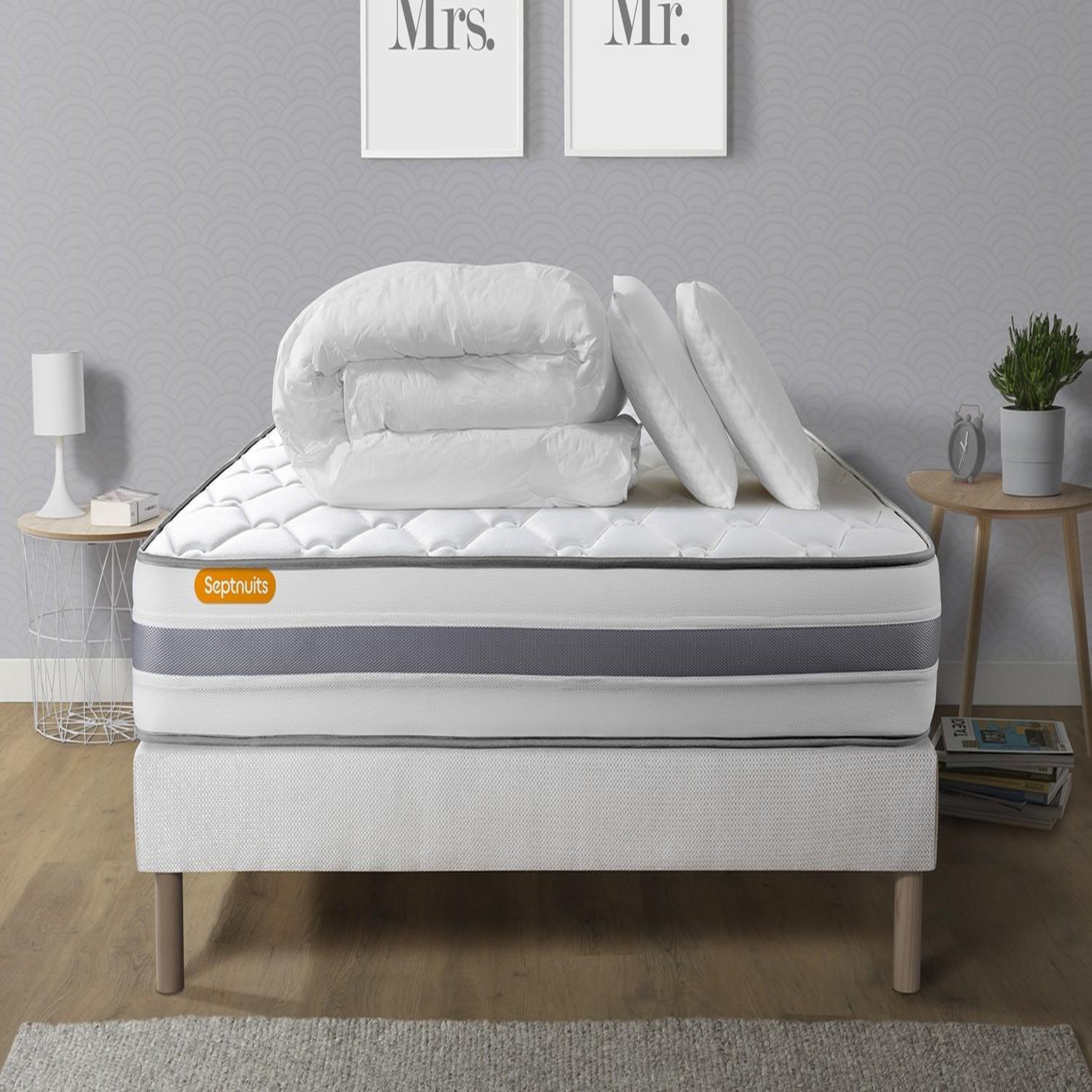 SEPTNUITS Pack matelas + sommier  Memo Spring Ressorts ensachés 3 zones MAXI épaisseur + Couette + 2 oreillers. Coloris disponibles : Blanc