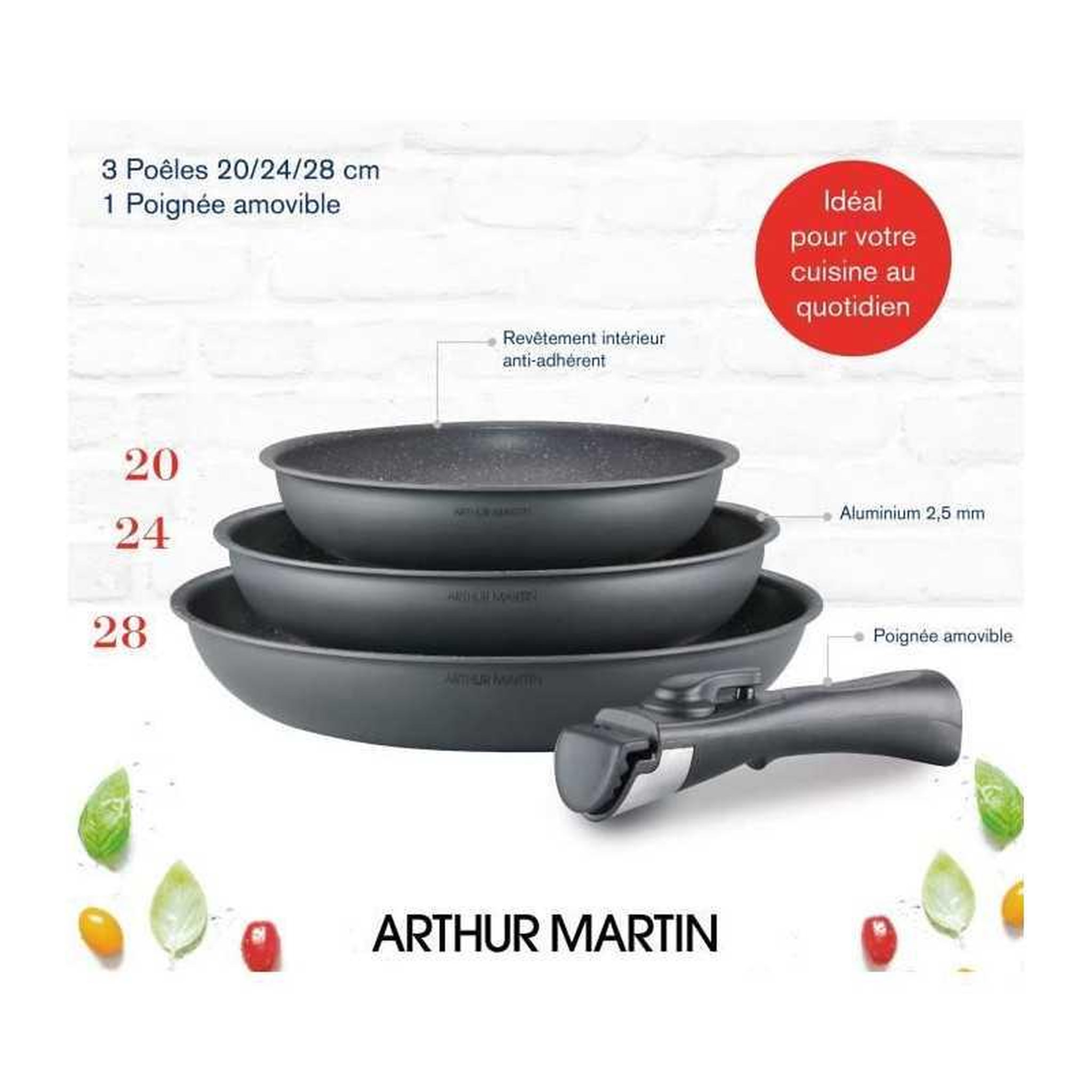 Voir la diapositive 2 : Arthur Martin Arthur martin am521gm - set de 3 poêles antiadhésives gris mat avec poignée amovible