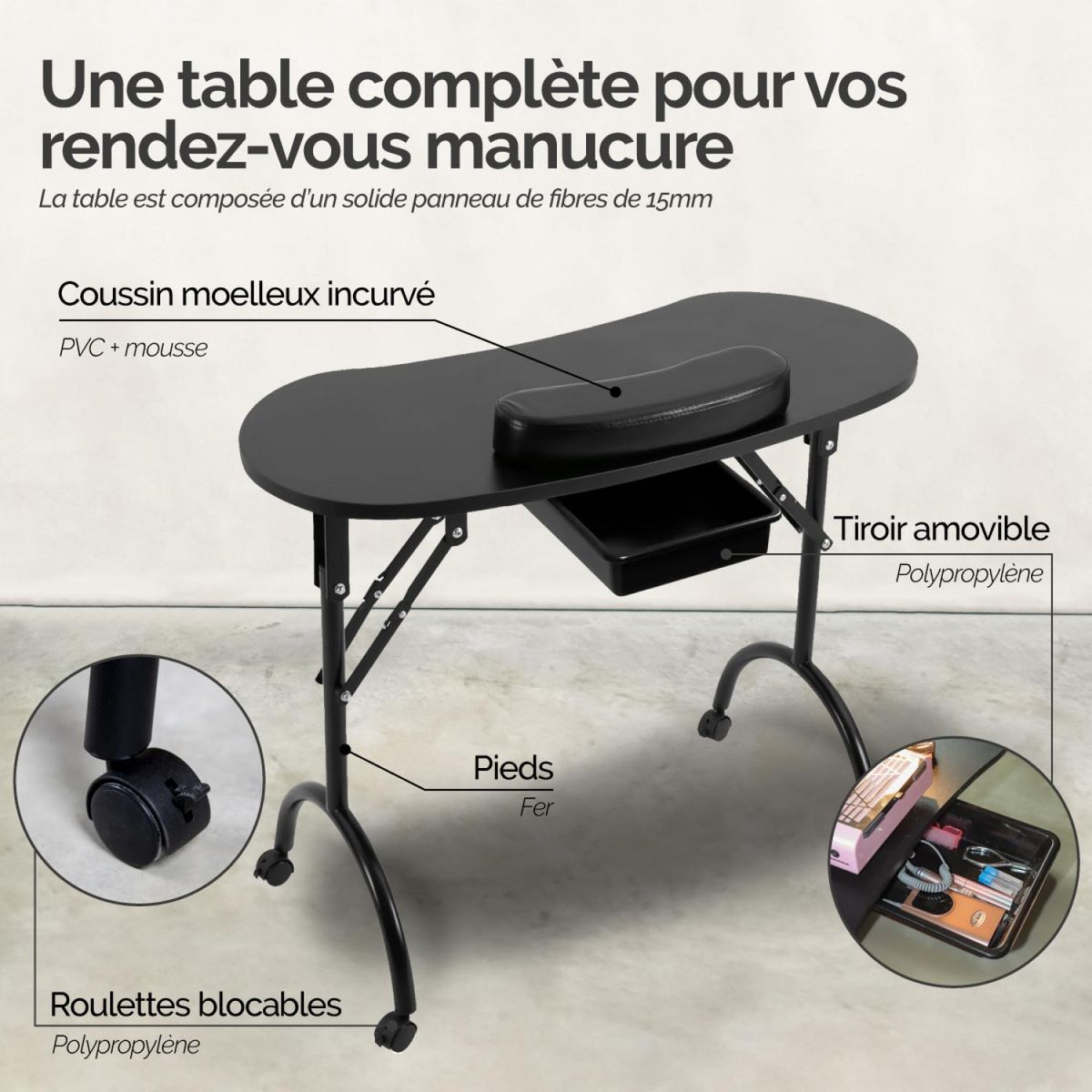 VIVEZEN Table de manucure professionnelle pliante avec tiroir, roulettes et housse de transport - Noir