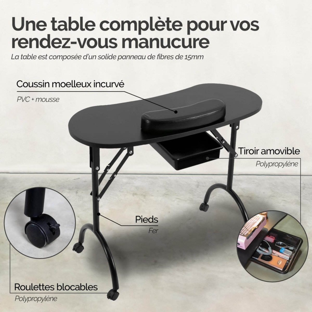 VIVEZEN Table de manucure professionnelle pliante avec tiroir, roulettes et housse de transport - Noir