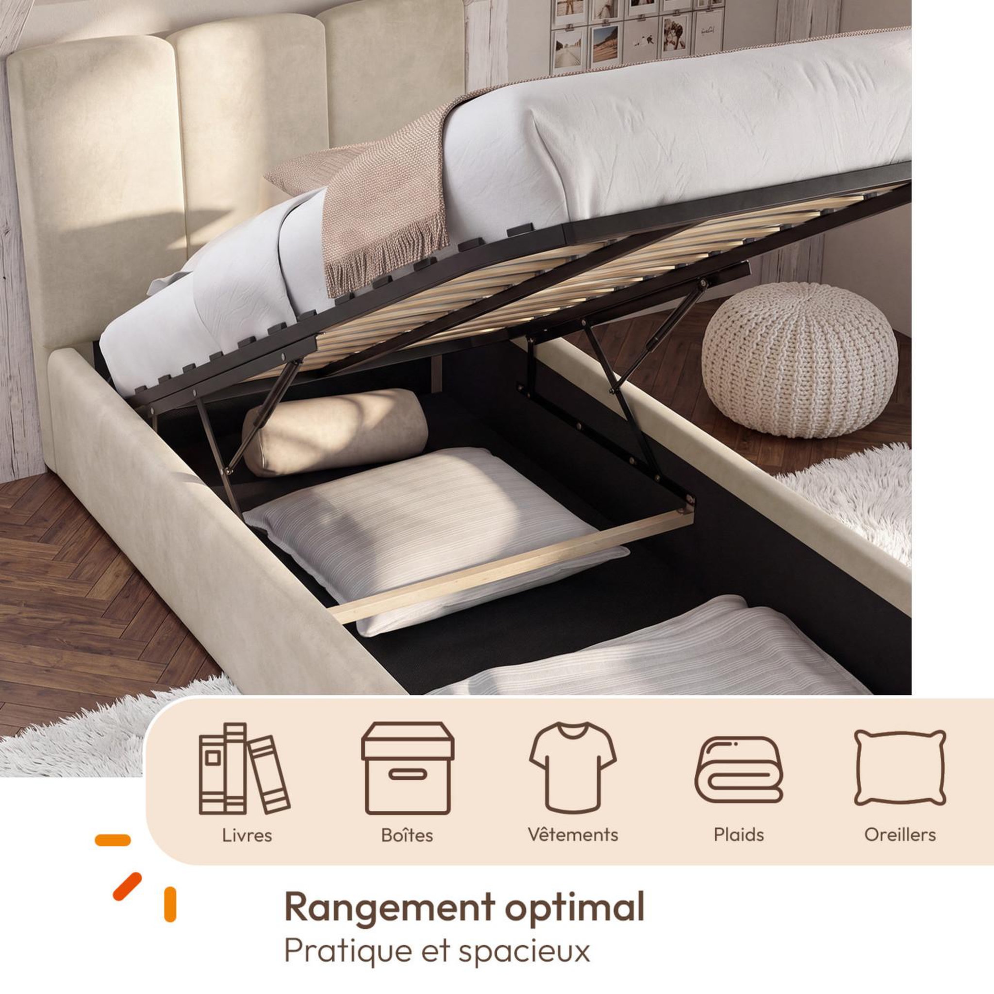 Voir la diapositive 5 : ID MARKET Lit coffre simple nuage avec tête de lit matelassée et sommier 90 x 190 cm velours beige