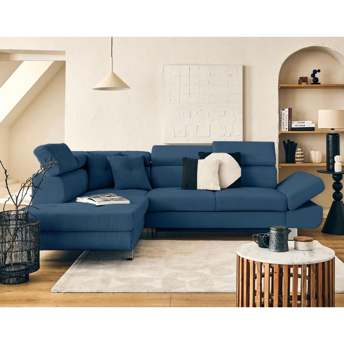 BEST MOBILIER Lisbona - canapé d'angle gauche 5 places convertible avec têtières en velours côtelé