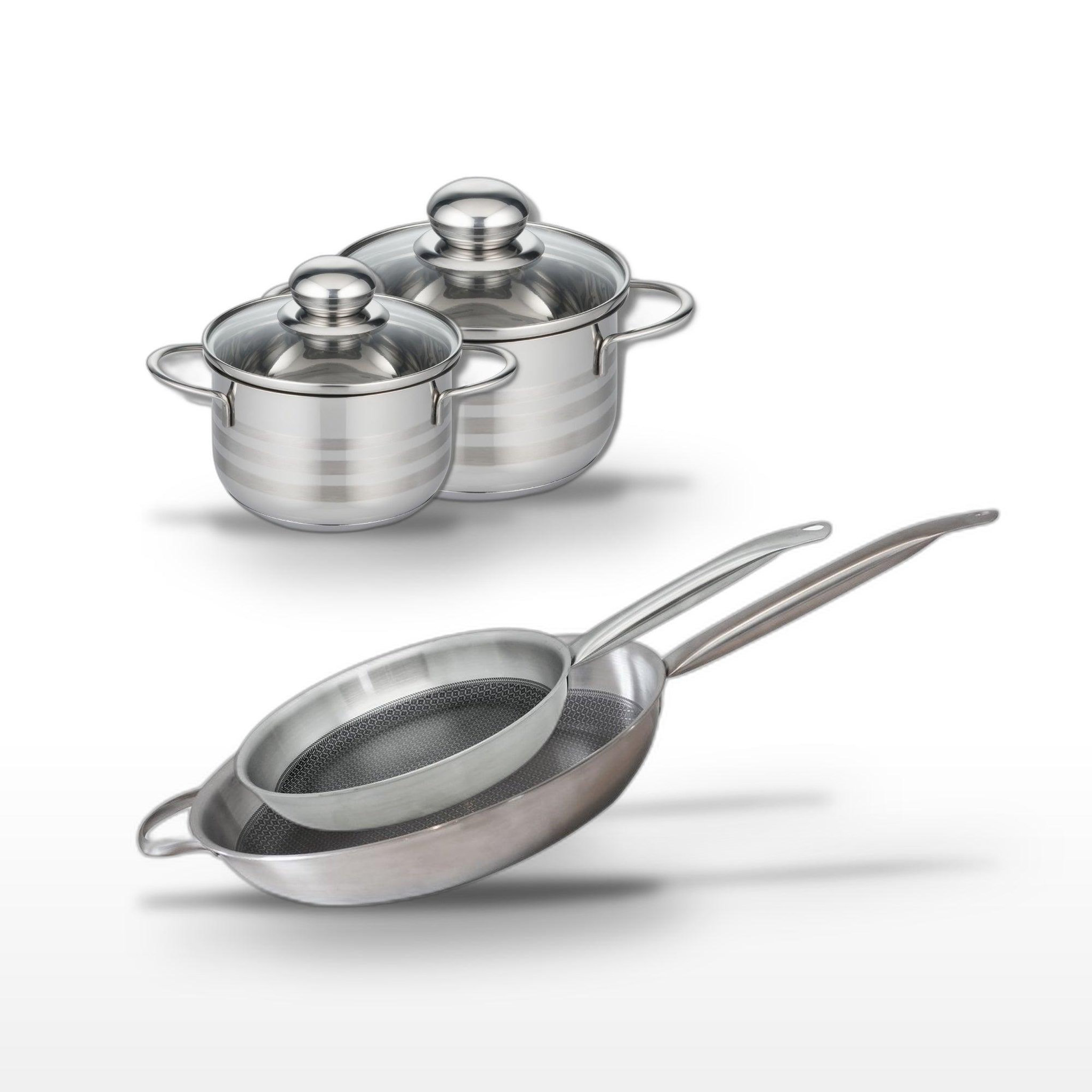 ELO Batterie de cuisine avec 2 faitouts 12/14 cm et 2 poêles de cuisson 28/32 cm en inox et aluminium sans pfas elo collection relief solution brillant