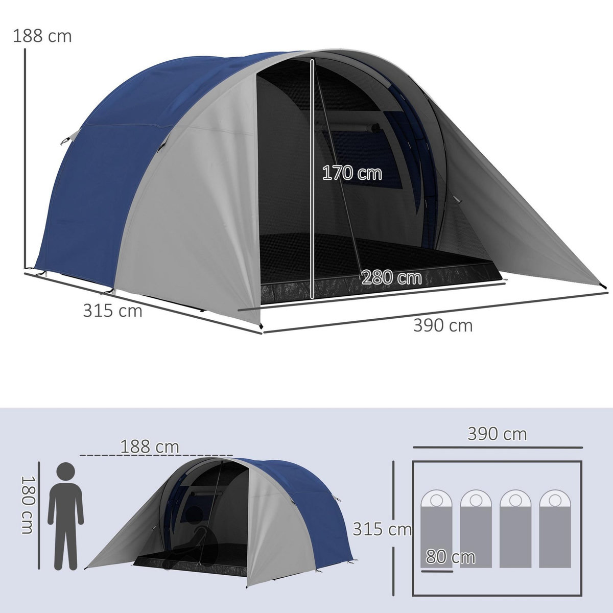 OUTSUNNY Tente de camping familiale 3-4 pers. - tente tunnel double toit sac inclus - fibre verre polyester bleu gris