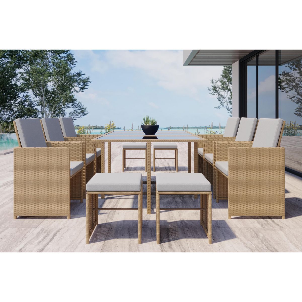 CONCEPT USINE Salon de jardin encastrable résine tressée naturel 10 places FLORIDA