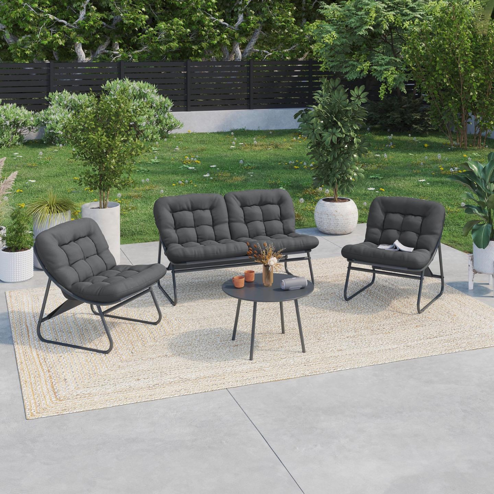 Voir la diapositive 2 : ID MARKET Salon de jardin bas arona 4 places en acier gris anthracite et coussins gris avec canapé, fauteuils et table
