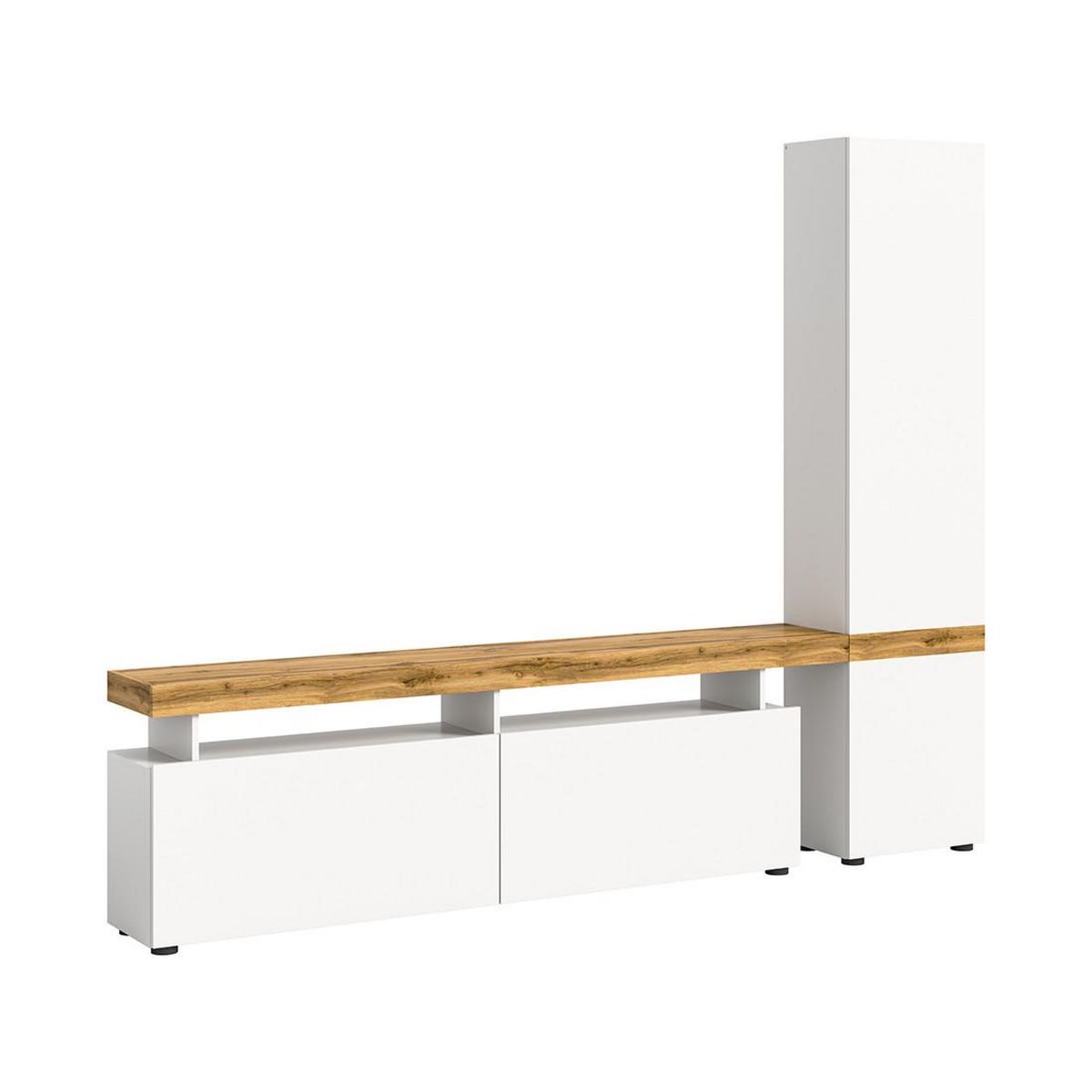 BEST MOBILIER Olivier - meuble tv avec armoire - 3 portes - blanc et effet bois - 235x190 cm