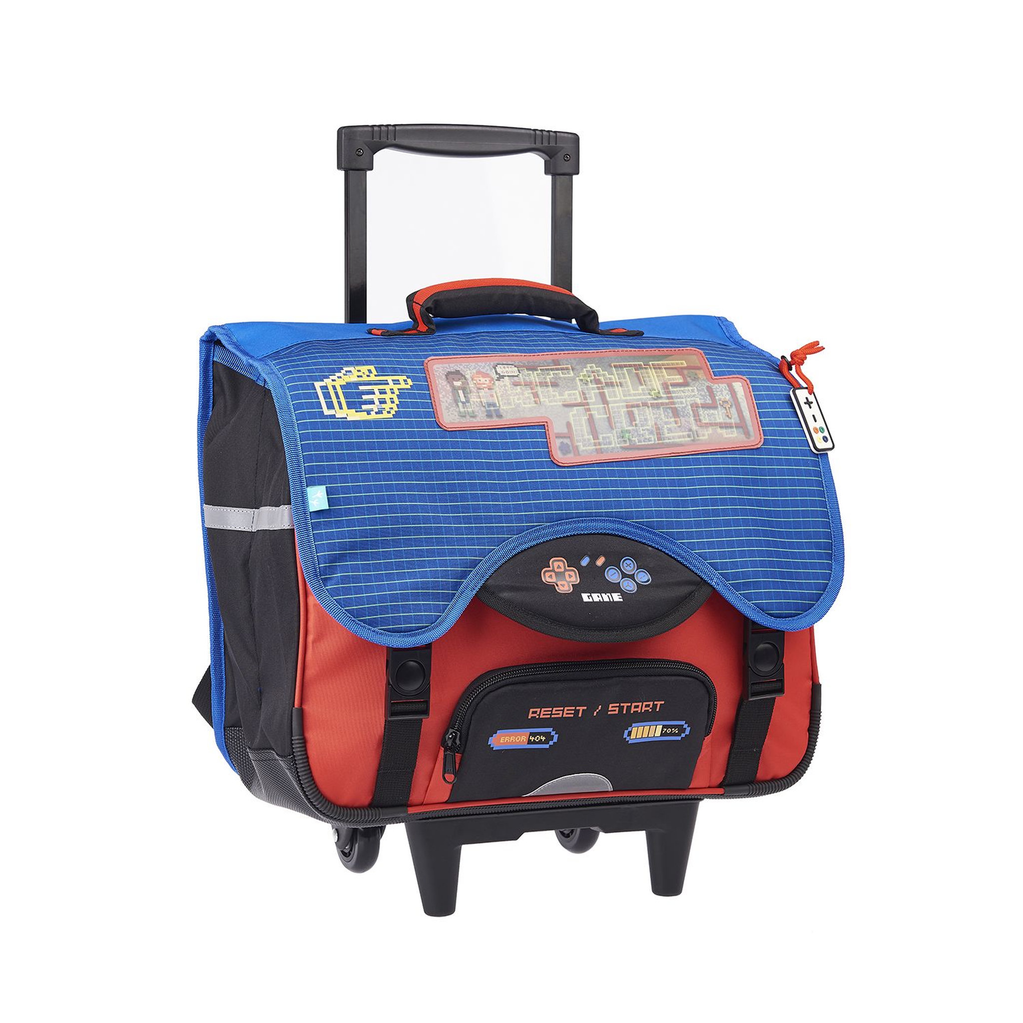 Voir la diapositive 3 : AUCHAN Cartable à roulettes 41 cm CM1/CM2 bleu rouge et noir avec breloque ACTIVE GAMER