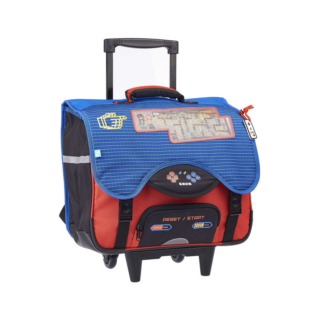 AUCHAN Cartable à roulettes 41 cm CM1/CM2 bleu rouge et noir avec breloque ACTIVE GAMER